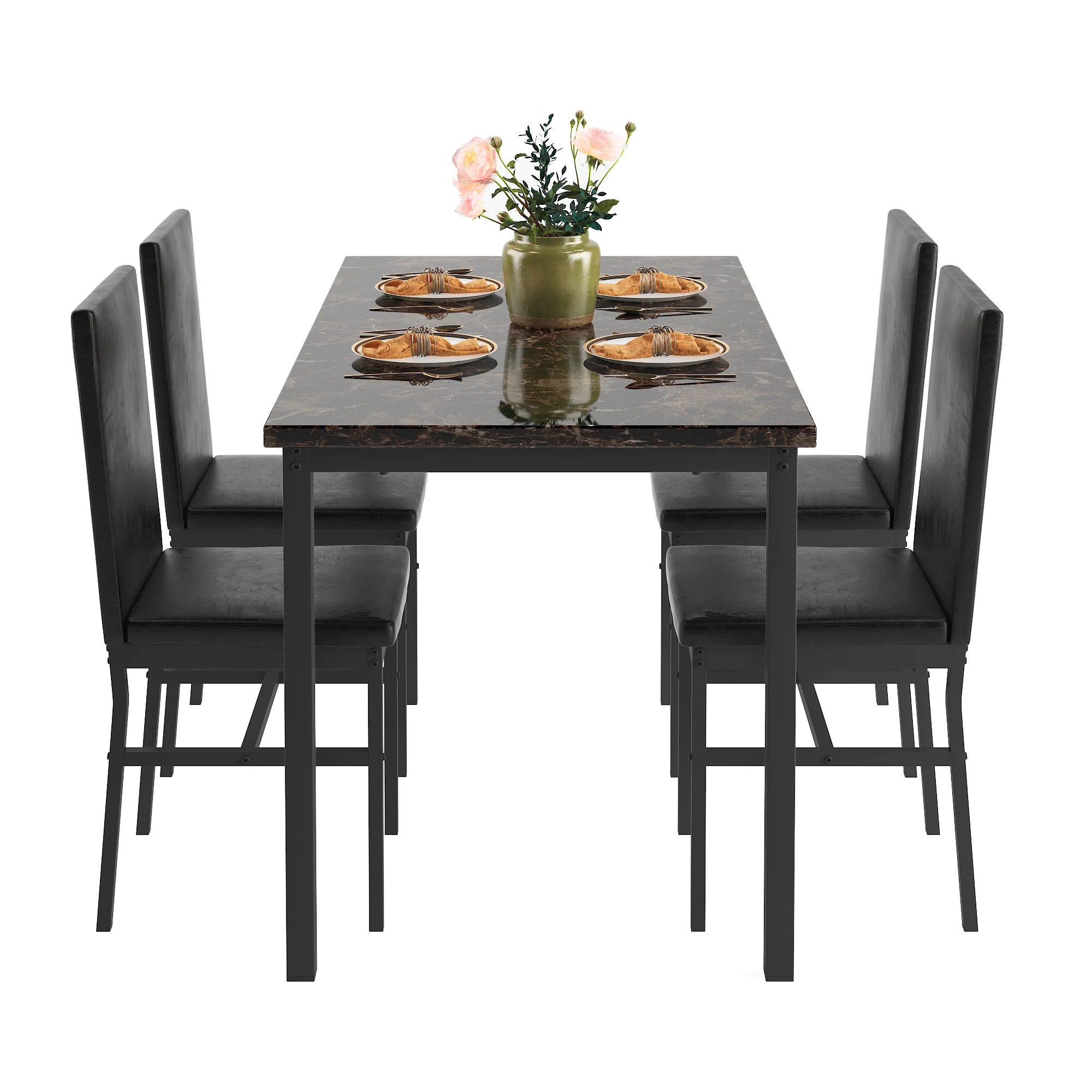 5 Piece Dining Set, Modern Dining Table and Chairs Set for 4, Counter Height Bar Table Set, Modern Pub Table with 4 Velvet Fabric Cushioned Stools, Faux Marble Dining Table & Stools Set, D9297 - Image 56