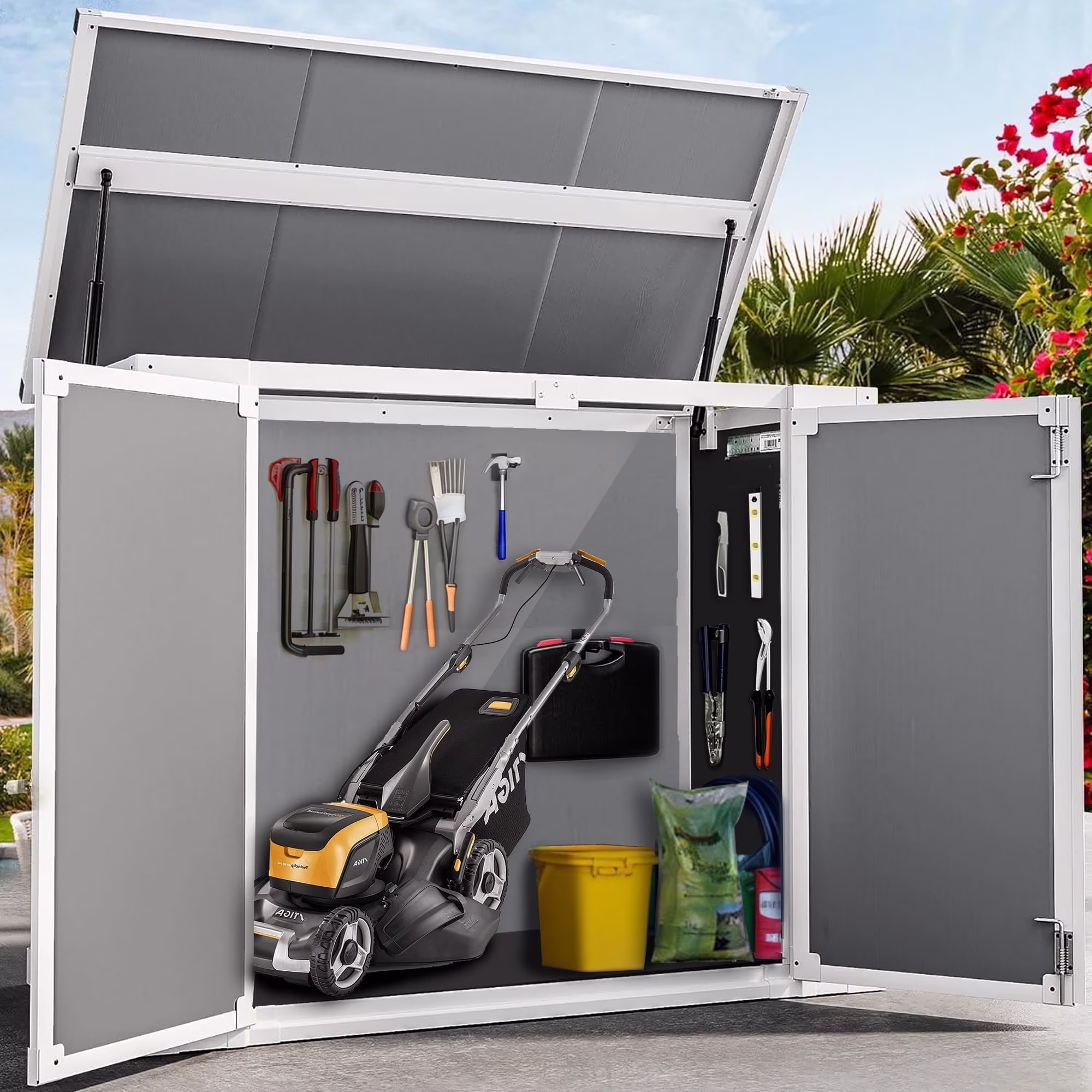 5'��3' Outdoor Storage Shed, Resin Storage Cabinet, Garden Tool Shed with Double Lockable Doors, Organizer Cabinet for Patio Yard, Gray - Image 3
