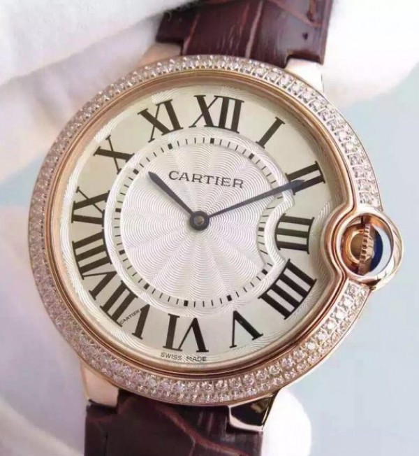 Replica Cartier Ballon Bleu 40mm RG Diamonds Bezel Whit Dial Leather Strap MIYOTA9015 - Elite Watch Atelier