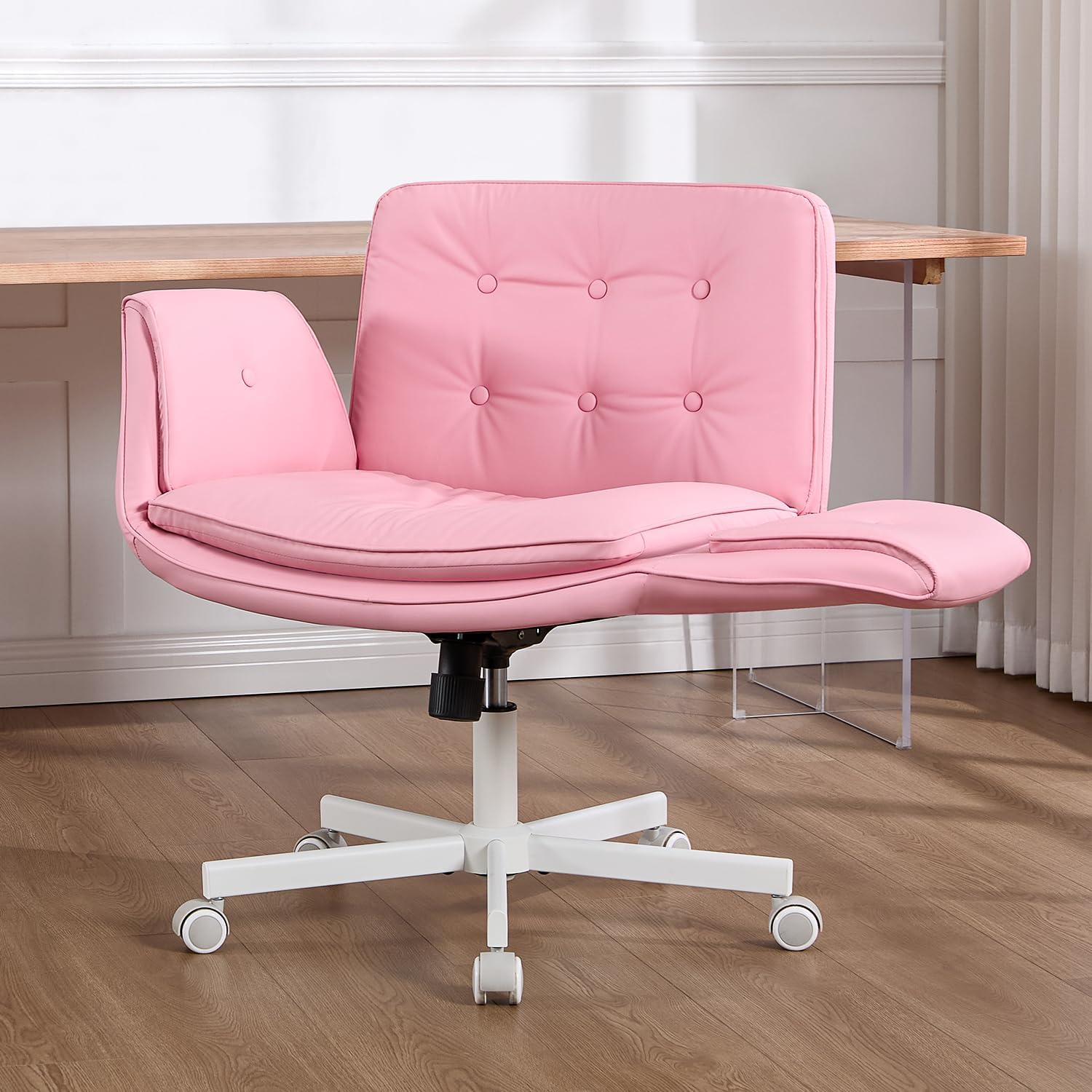 amseatec Criss Cross Chair with Armrests & Wheels, PU Leather Vanity Chair, Comfortable Adjustable Swivel Computer Office Desk Chairs for Home, Make Up, Bed Room (Pink)