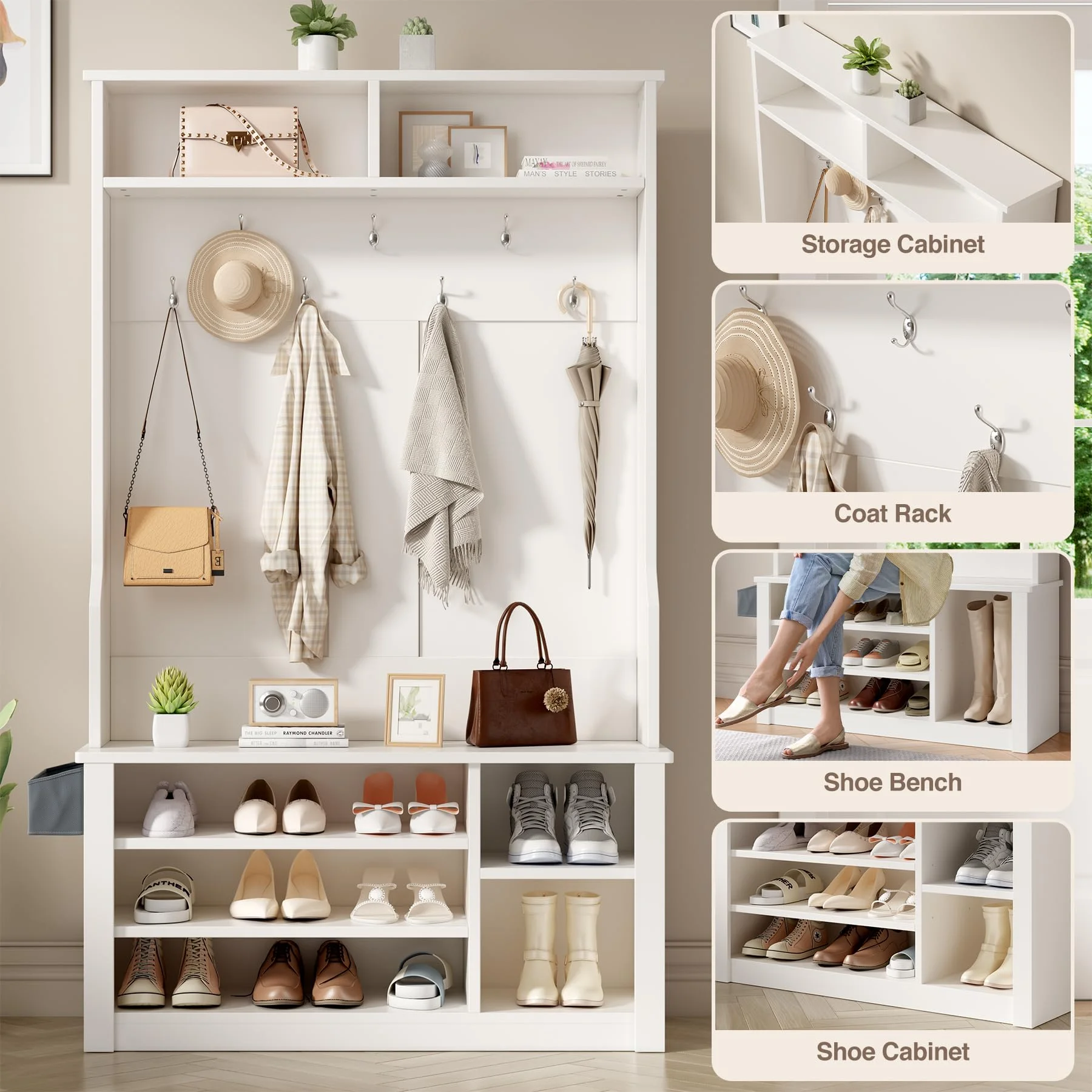 Lofka 5-in-1 Hall Tree with Bench and Shoe Storage, Entryway Hall Tree with Coat Rack, Adjustable Shoe Storage, 2-tier top storage,White - Image 4