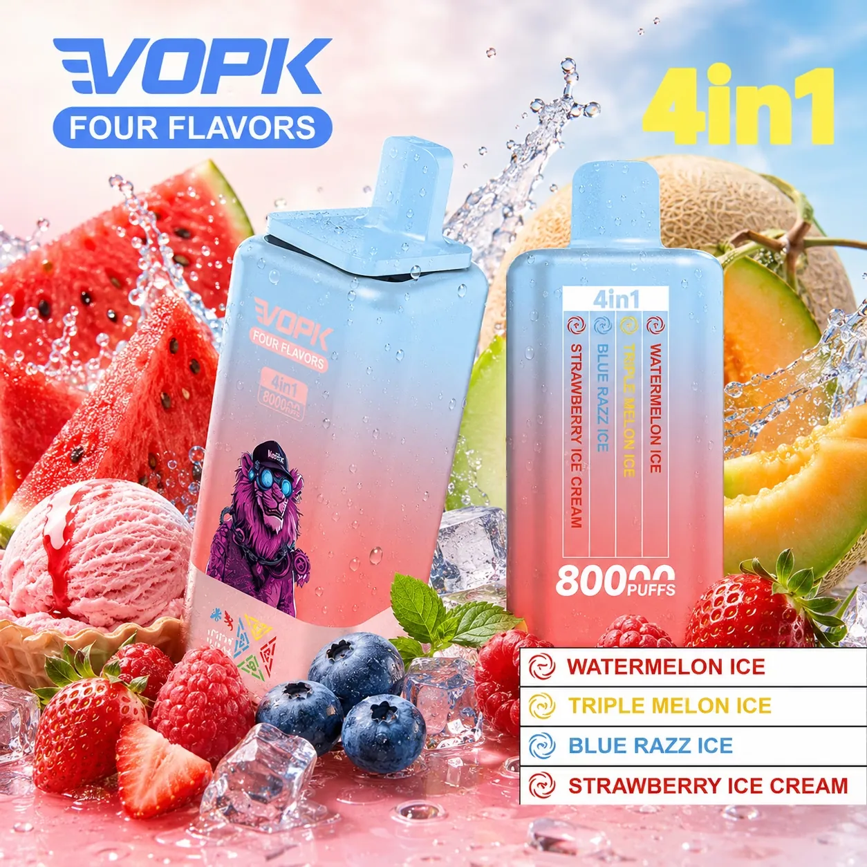 VOPK 80 000 puffów 4w1 – Watermelon Ice, Triple Melon Ice, Blue Razz Ice, Strawberry Ice Cream