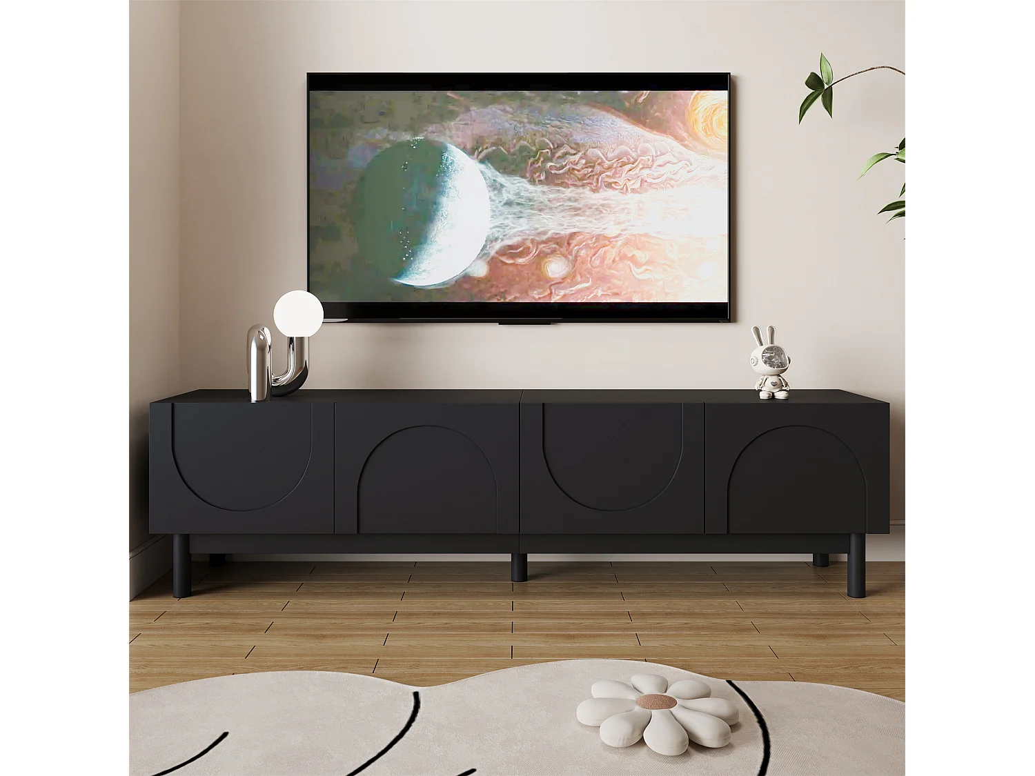 Meuble TV noir avec 4 portes incurvées à motifs, pieds en bois - pour salon