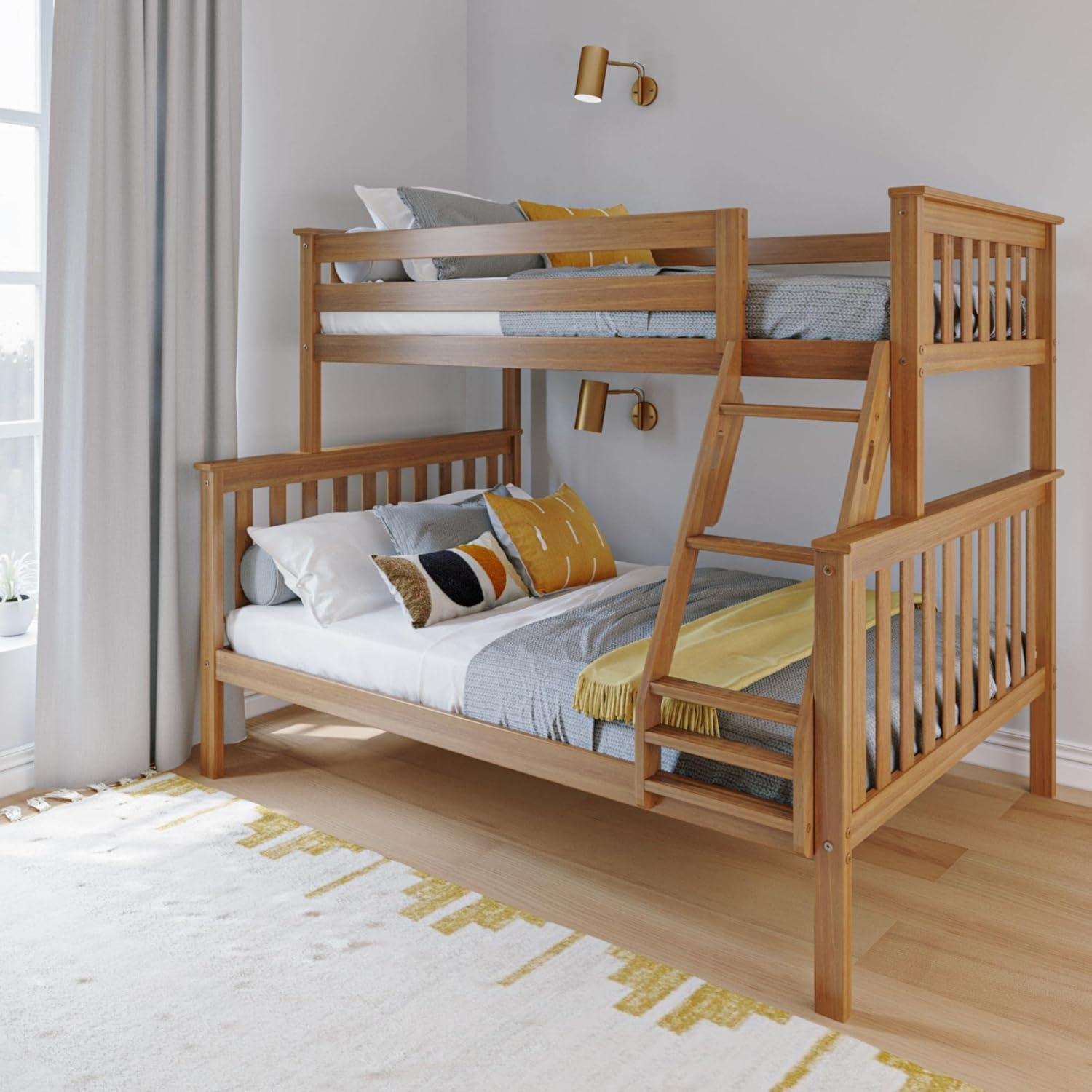 Max & Lily Bunk Bed Twin Over Full Size with Ladder, Solid Wood Platform Bed Frame with Ladder for Kids, 14