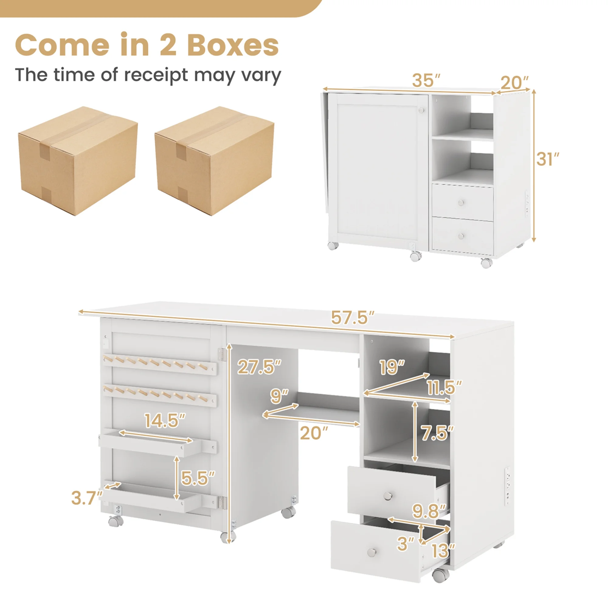 Costway Folding Sewing Table Charging Station Multifunctional Sewing Machine Cart Table - Image 3