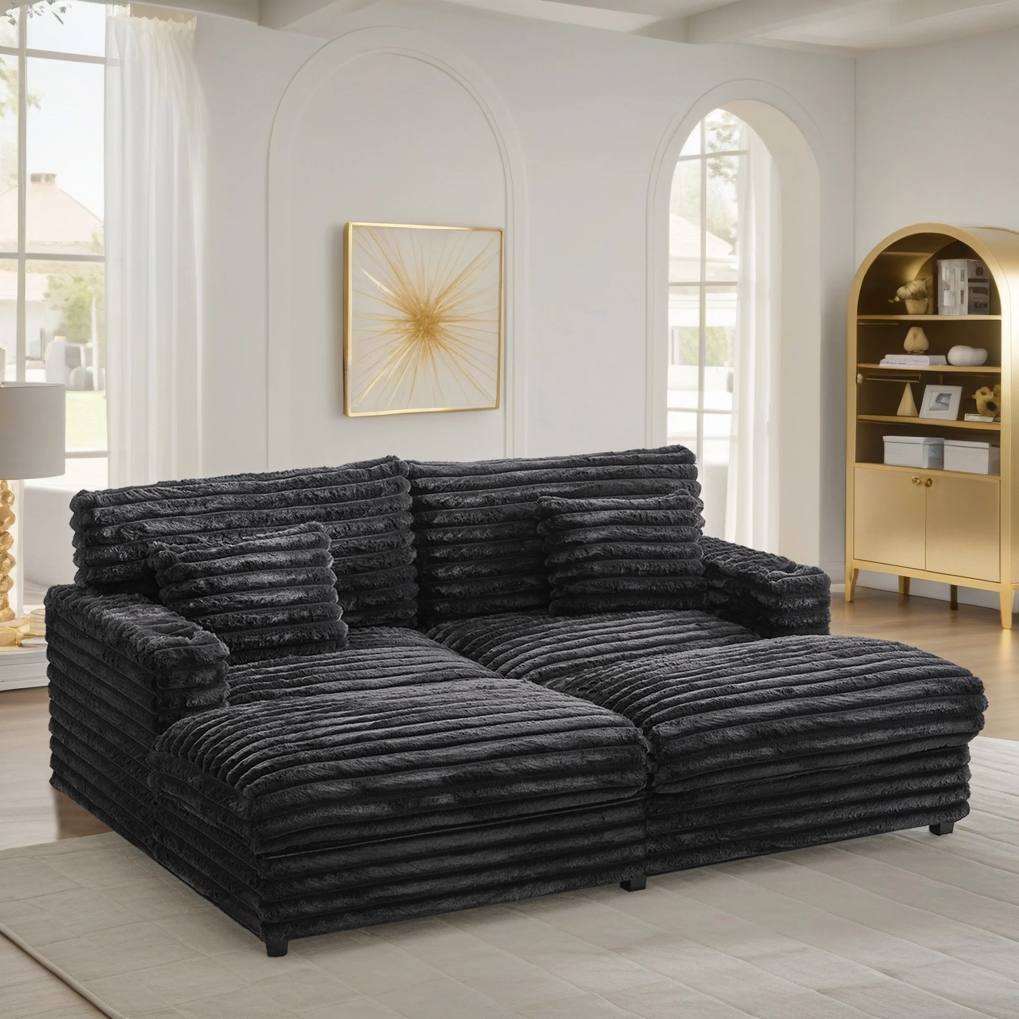 Oversized Double Chaise Lounge, Faux Fur Upholstered Deep Seat Sofa with 2 Pillows, 2 Cupholders, and Dual USB Ports - Image 18