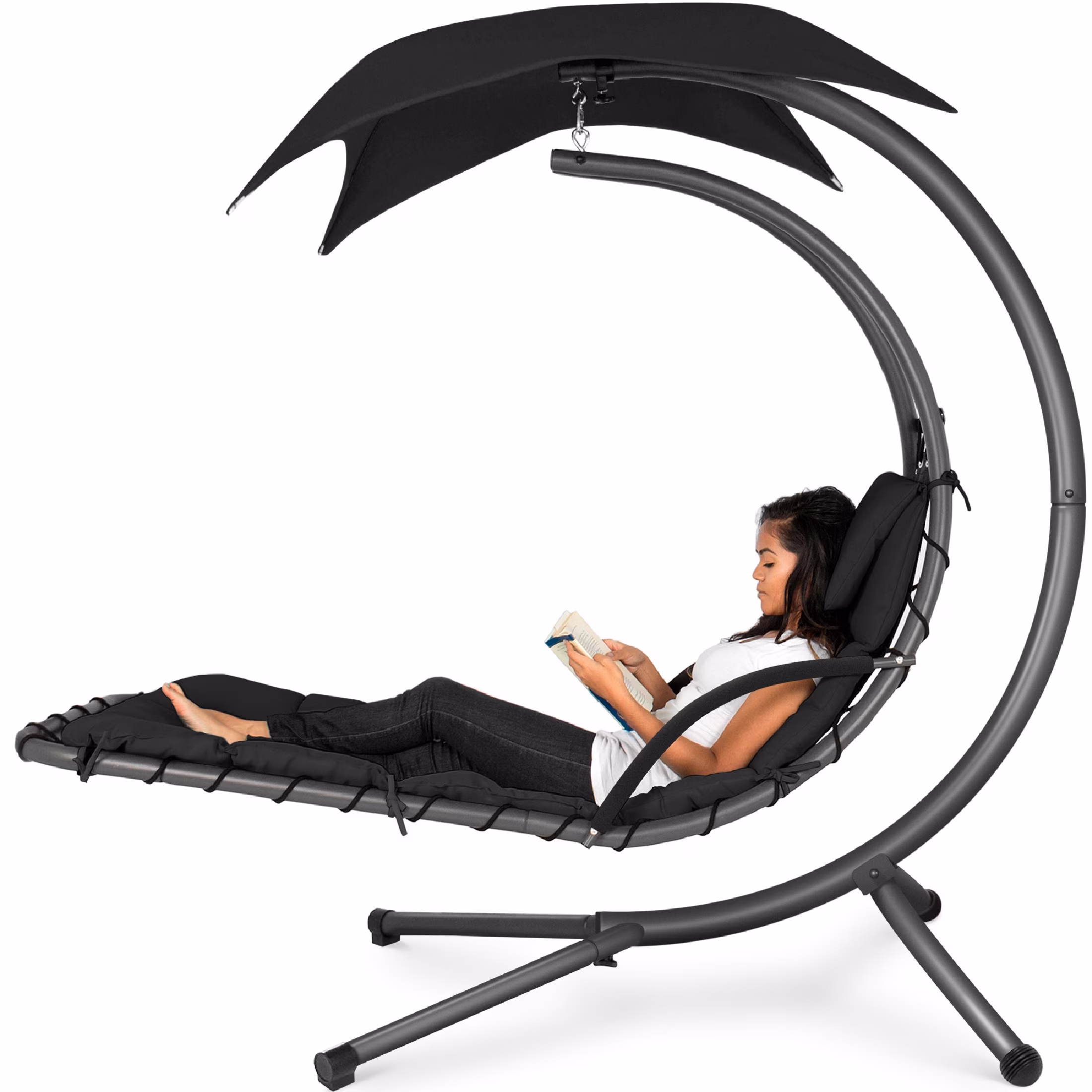 Best Choice Products Hanging Curved Chaise Lounge Chair Swing for Backyard, Patio w/ Pillow, Shade, Stand - Teal - Image 20