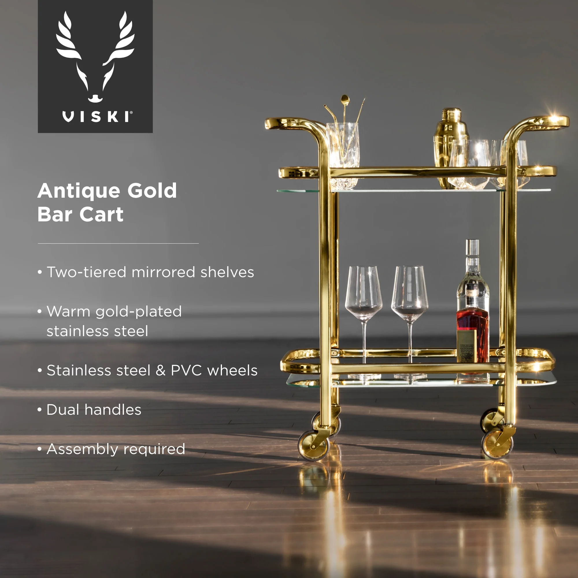 Viski Stainless Steel Bar Cart with Wheels, Mirror Shelves, Home Bar, Gold - Image 2