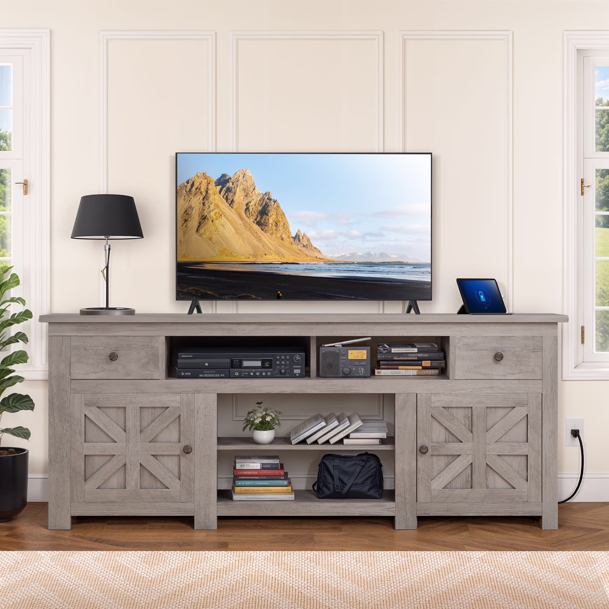 Uforic Farmhouse TV Stand for 75/80 Inch TV, Rustic Entertainment Center with Power Outlet, Storage Drawers, TV Console for Living Room, Oak - Image 5