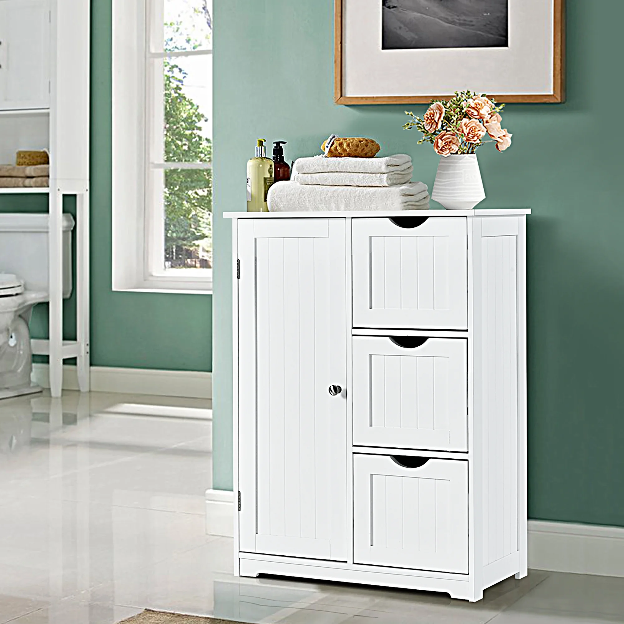 Costway Bathroom Floor Cabinet Side Storage Cabinet with 3 Drawers and 1 Cupboard White