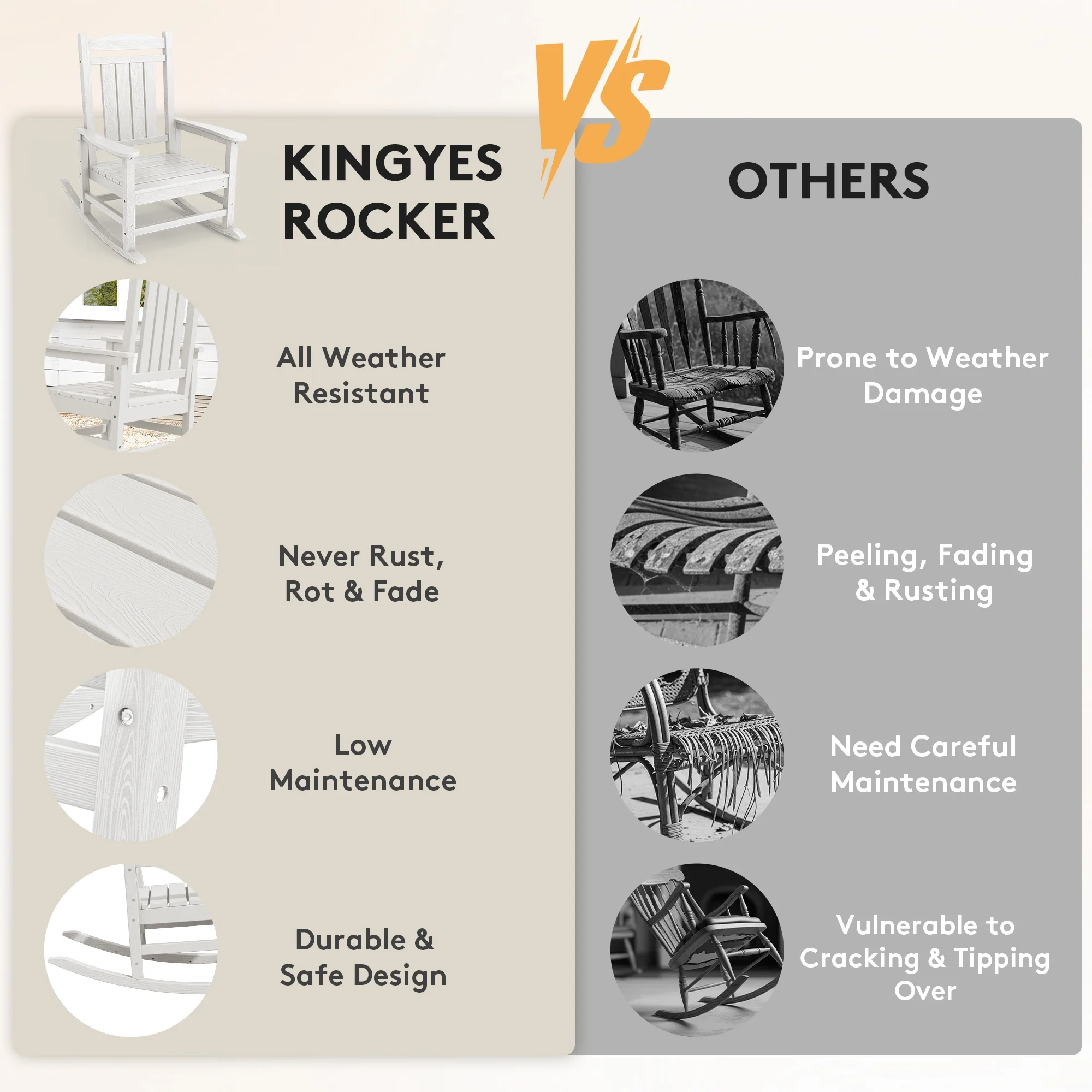 KINGYES HDPE Outdoor Rocking Chairs Set of 2,HDPE Patio Rocker for Porch,Black - Image 12