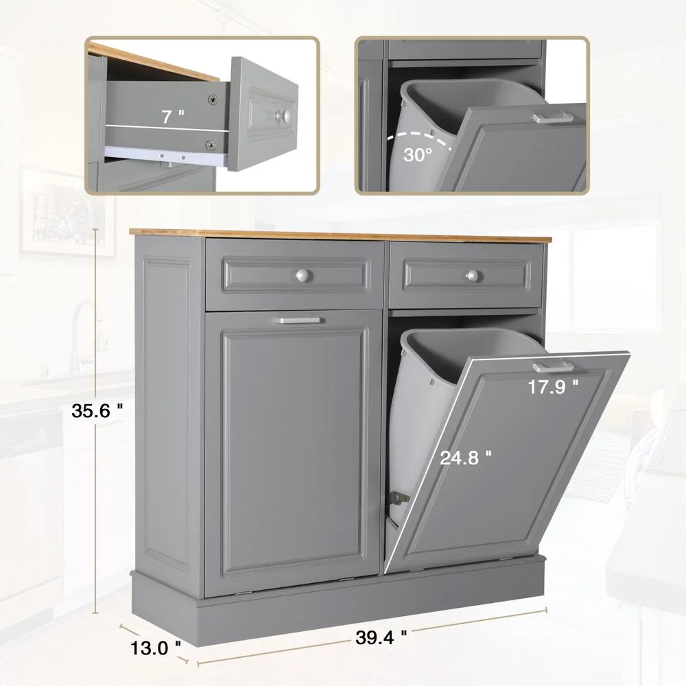 Eclife 20 Gallons Double Tilt Out Trash Cabinet Wood Tabletop, Upgrade Gray, WB010GY - Image 4