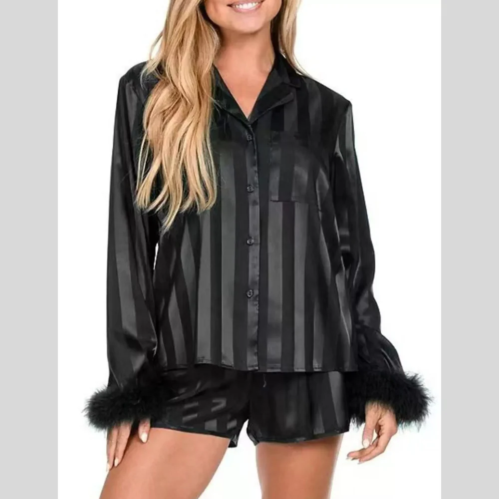 Striped Feather Trim Shirt and Shorts Lounge Set - ZKZOOK