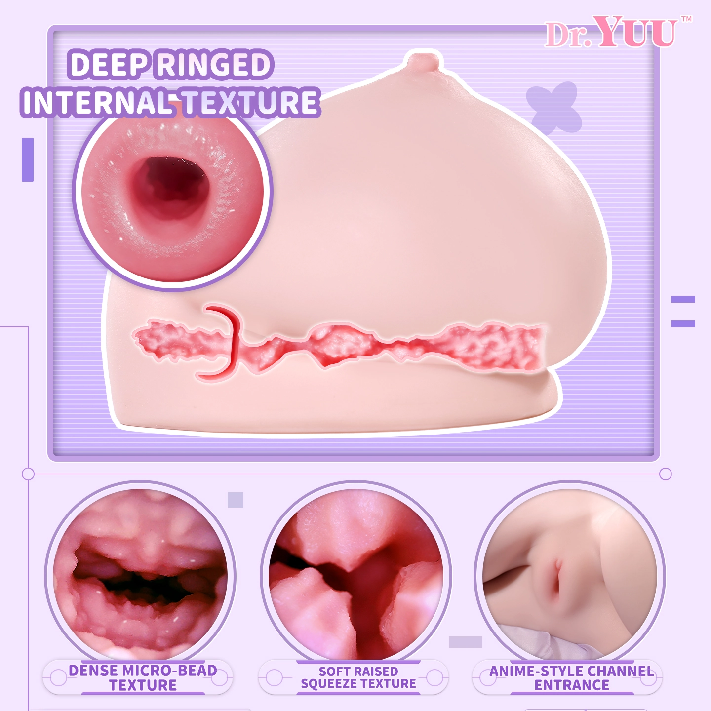 Textured internal channel in a Dr.YUU anime masturbator with layered sensations from entrance to end