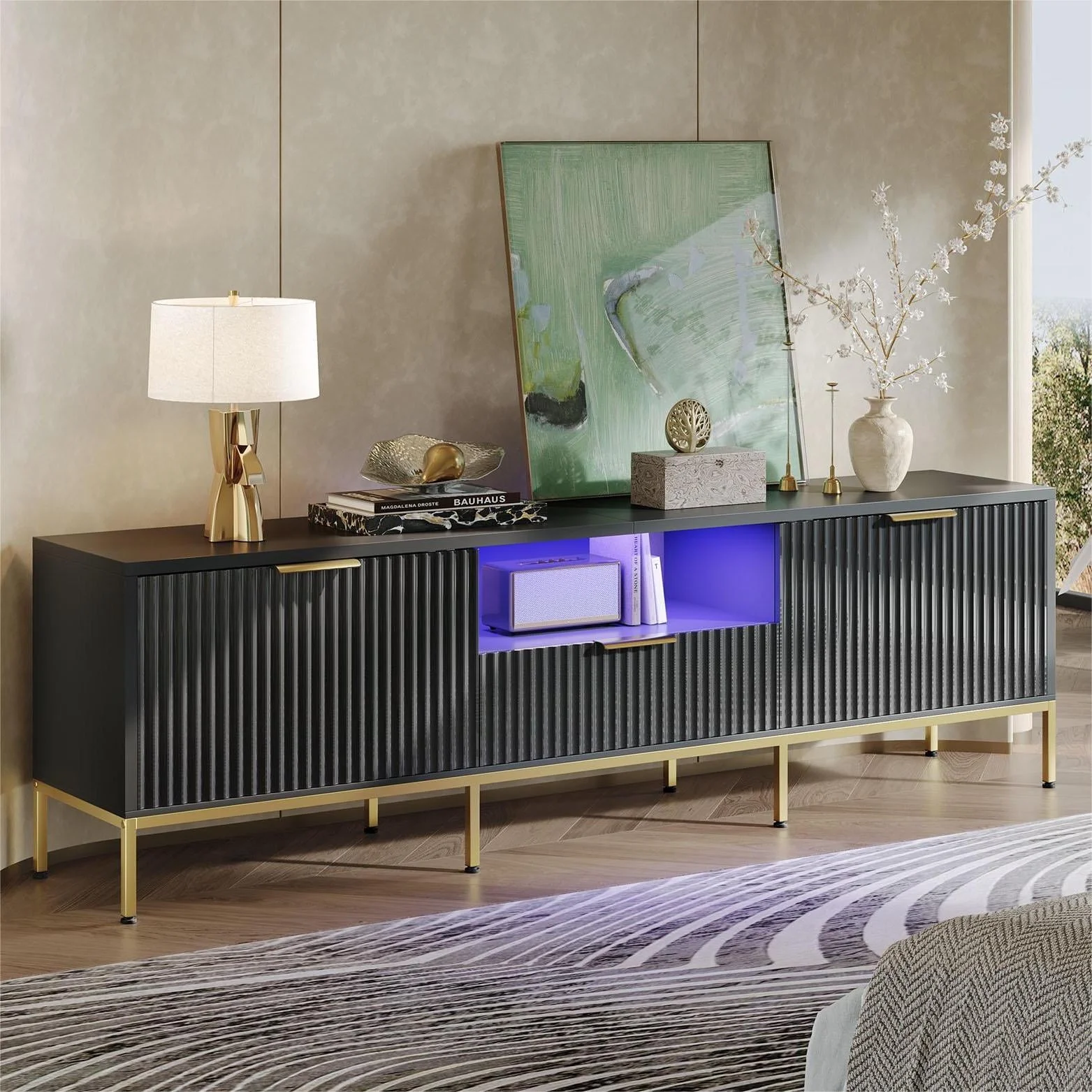 Bestier 55" LED TV Stand for TVs up to 60" Modern High Gloss Entertainment Center with Drawers Cabinets Fluted TV Console, White & Gold - Image 26