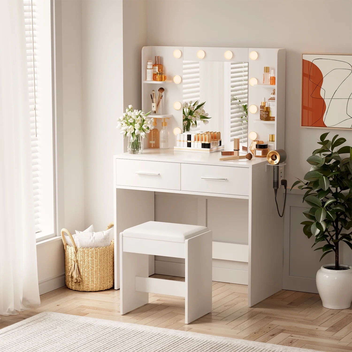 Vineego Makeup Vanity Desk with Lighted Mirror & Power Outlet, Makeup Vanity with stool,White
