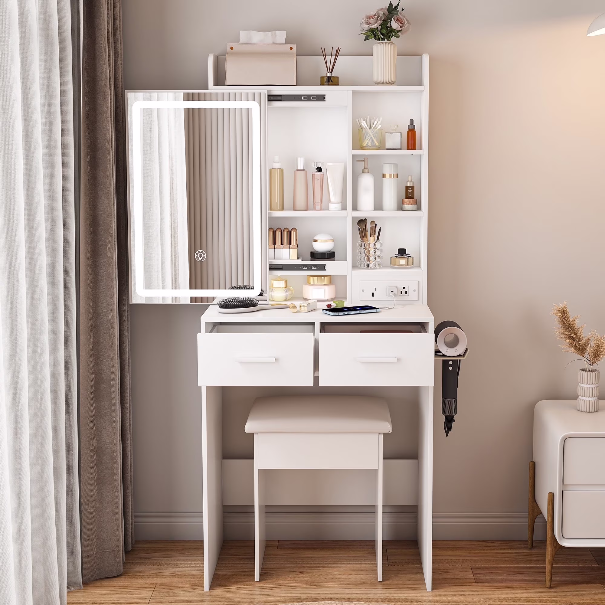 Montary Modern Mini Vanity w/Adjustable LED Mirror + Hidden Storage, Padded Stool & Dustproof Shelves (White) - Image 24