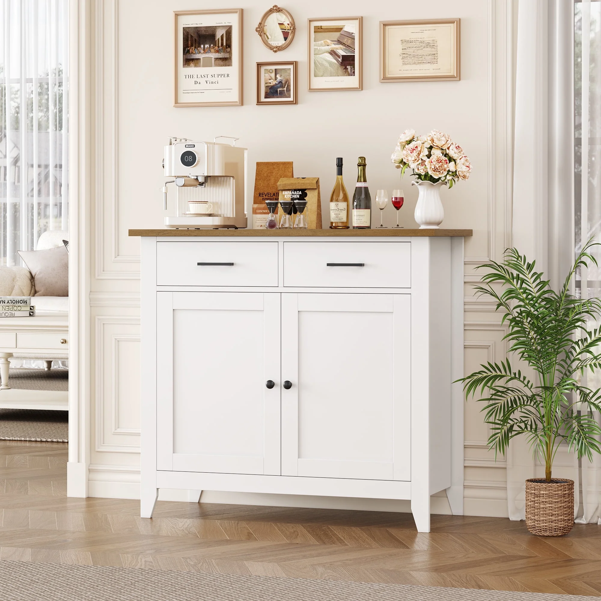 Homfa Entryway Cabinet, Kitchen Storage Cabinet, Farmhouse Buffet Sideboard with 2 Drawers and 2 Doors,Coffee Bar with Storage for Dining Room Living Room,White - Image 4