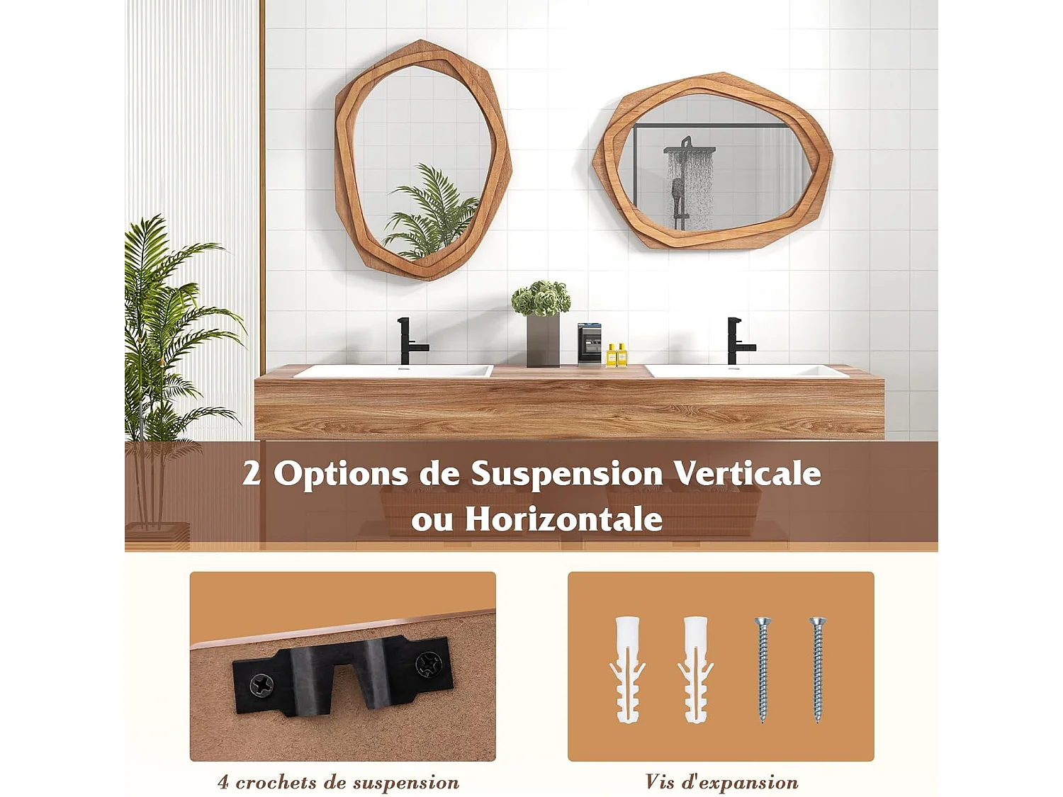 Miroir mural rustique avec cadre en bois, miroir en forme irrégulière,66 x 89,5 cm,naturel