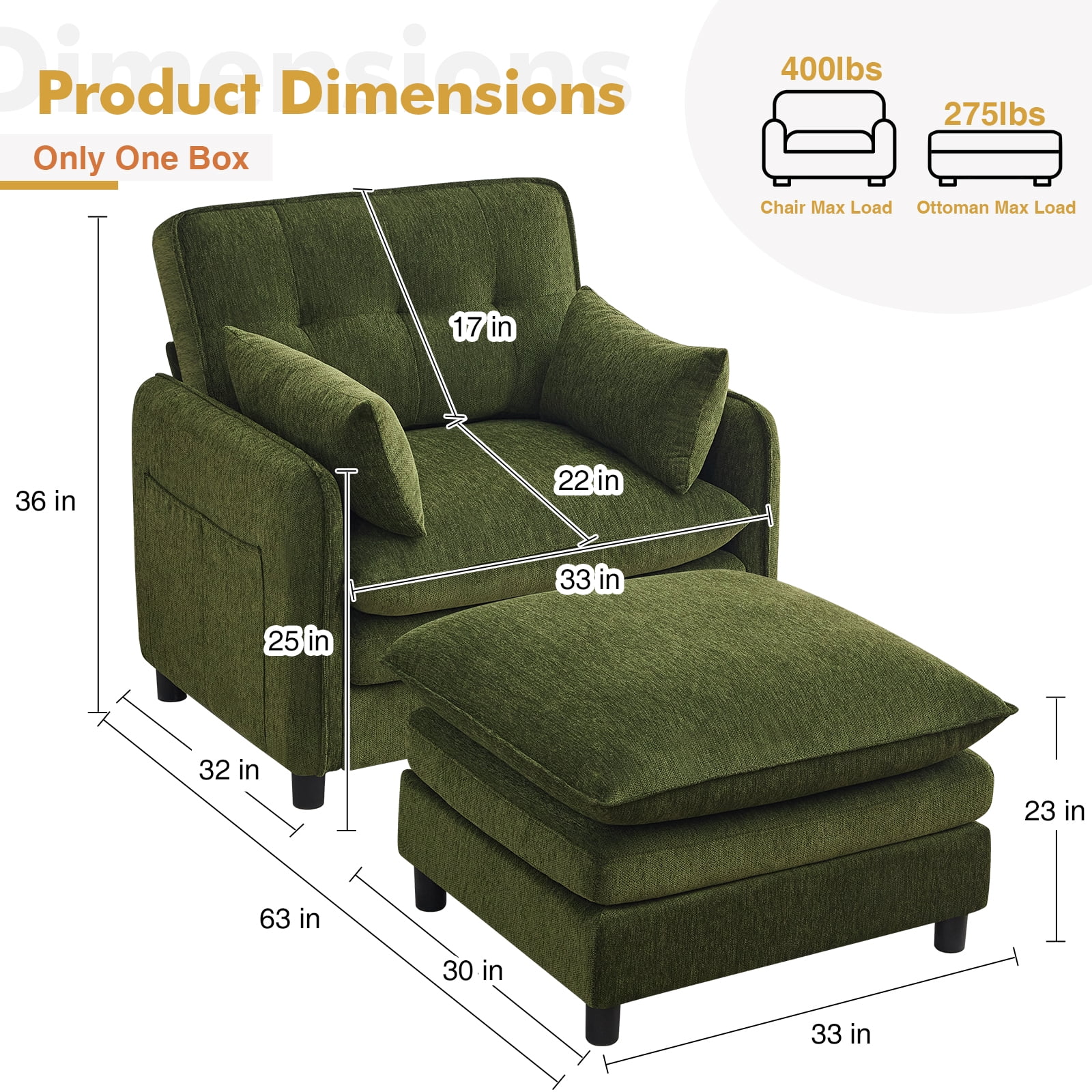 Aemeios Upholstered Chenille OversizedAccent Armchairs with Ottoman and Side Pocket, Cream - Image 10