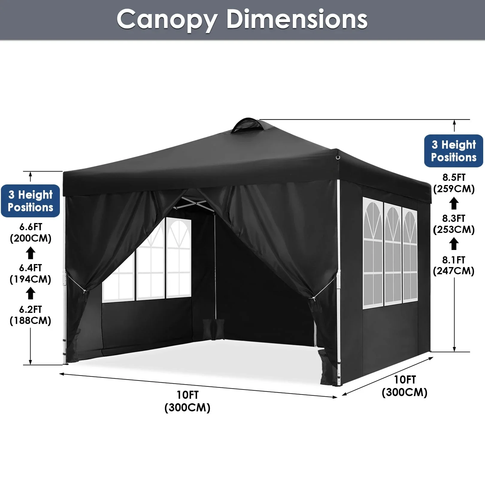 COBIZI 10x10 EZ Pop up Canopy Gazebo with Sidewalls,Pop up Canopy Tent Instant Shelter for Outdoor Party Camping Backyard Beach with Air Vent ,Carry Bag,Stakes,Ropes,Black - Image 8
