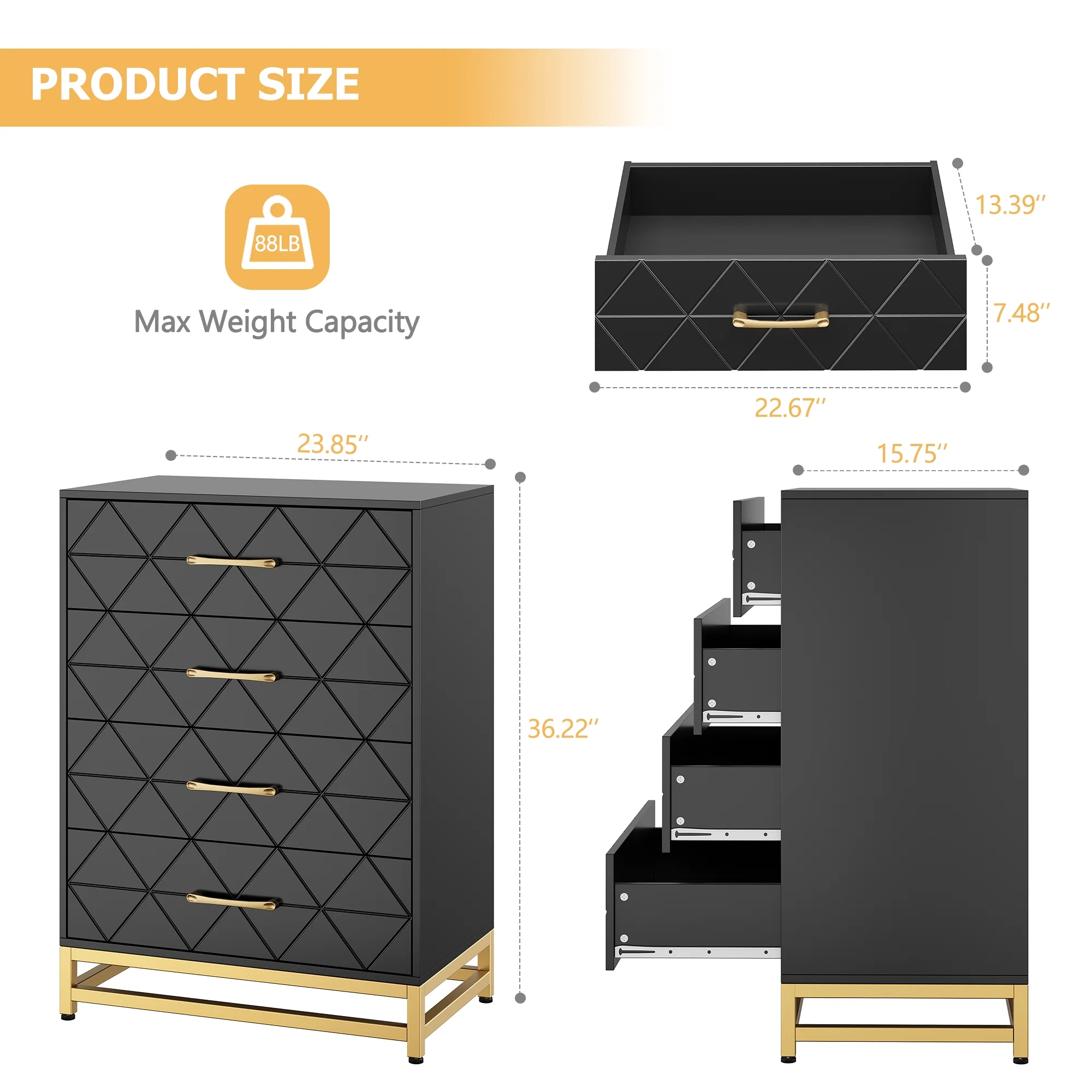 GAOMON 4 Drawer Dresser for Bedroom, Tall Dresser with Large Drawer & Golden Handles, Wooden Modern Storage Cabinet Chest of Drawer forLiving Room,Closet,Hallway (Black)