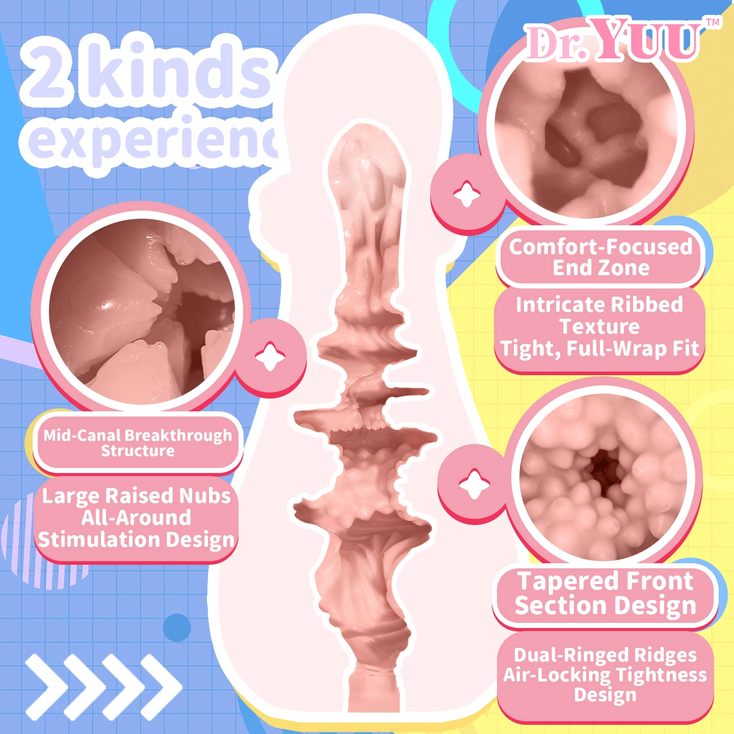 textured male masturbator canal with tight entry air-lock rings beads and ribbed end