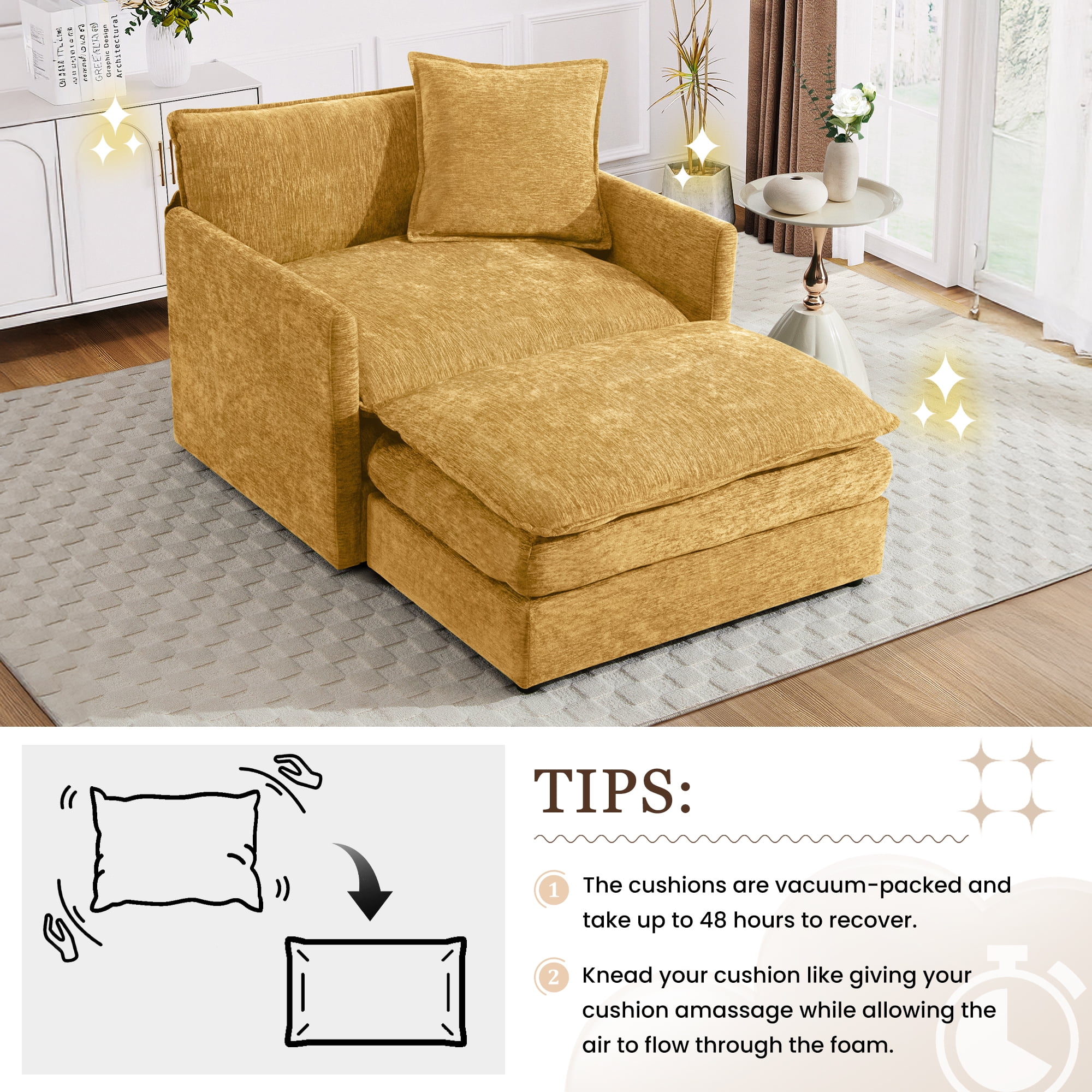 Muumblus Oversized Lounge Chair with Ottoman, Cloud Accent Armchair for Living Room, Beige Chenille - Image 34