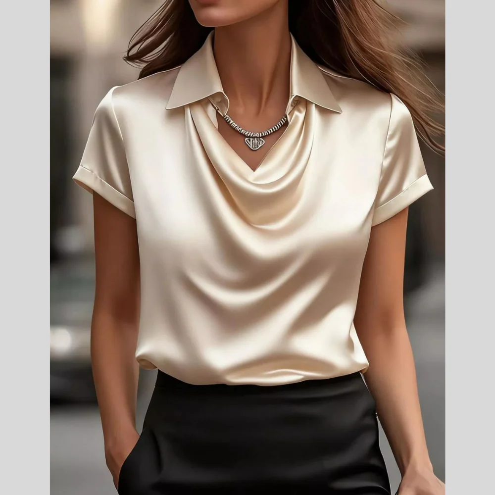 Full Size Cowl Neck Short Sleeve Satin Blouse Plus Size - ZKZOOK