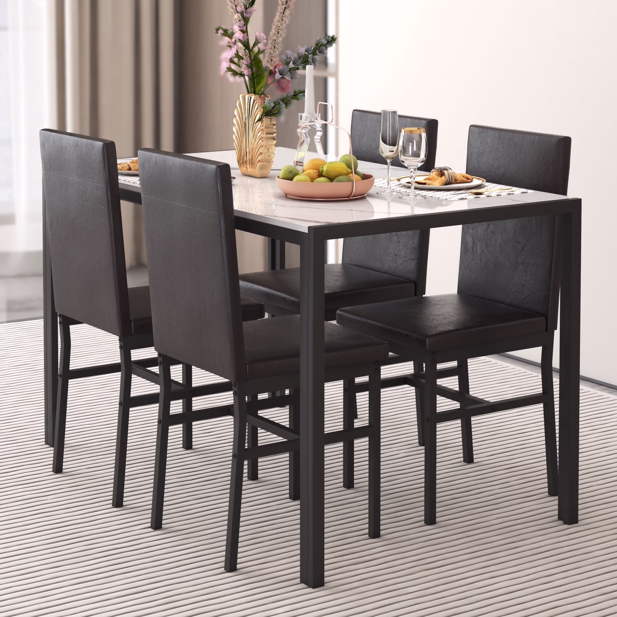 5 Piece Dining Set, Modern Dining Table and Chairs Set for 4, Counter Height Bar Table Set, Modern Pub Table with 4 Velvet Fabric Cushioned Stools, Faux Marble Dining Table & Stools Set, D9297 - Image 3