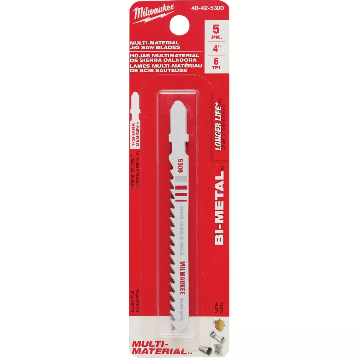 Milwaukee T-Shank 4 In. x 6 TPI Bi-Metal Jig Saw Blade, General Purpose (5-Pack)