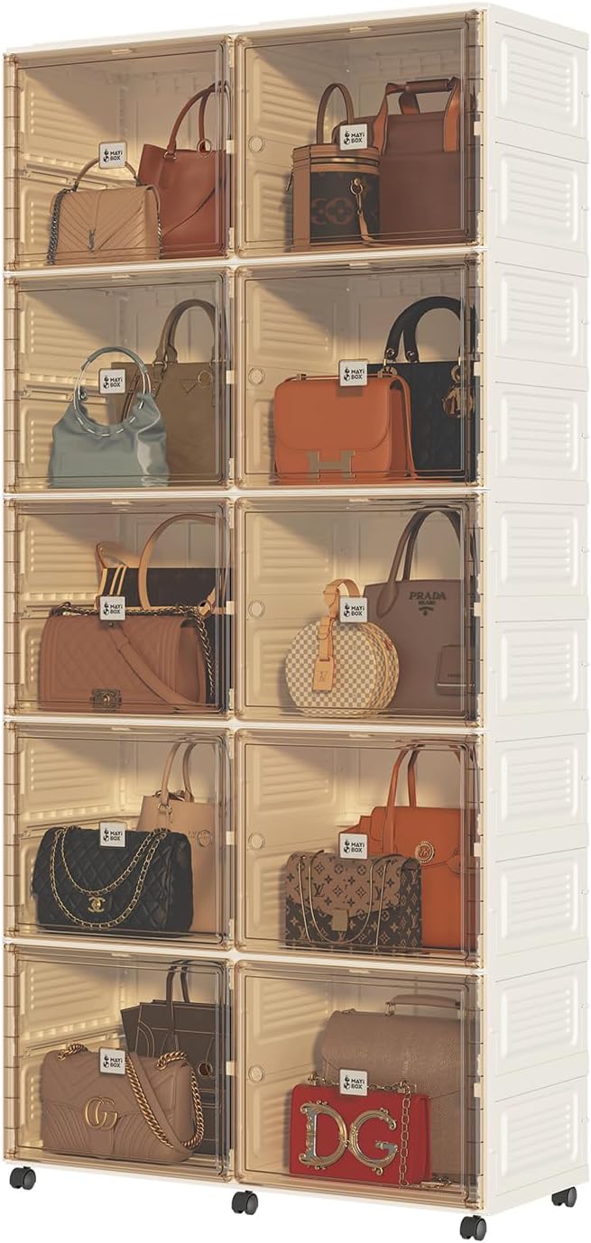 10 Cubbies Handbag Storage Organizer for Closet, Purse Organizer Cabinet with Magnetic Doors & Wheels, Foldable One-Piece Transparent Storage Box for Bags, Boots, Clothes, Toys, Books