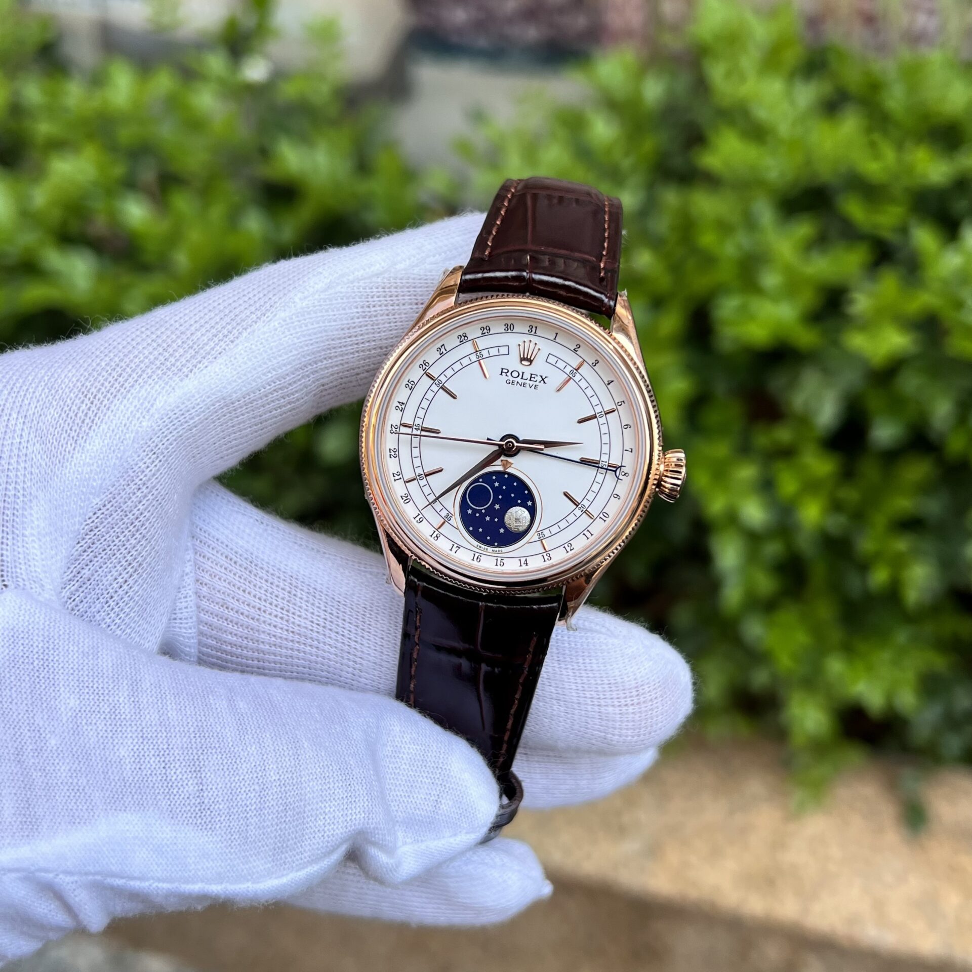 Rolex Replica 11 Watch Cellini Moonphase 50535 Rose Gold Plated White Dial 39mm - Elite Watch Atelier