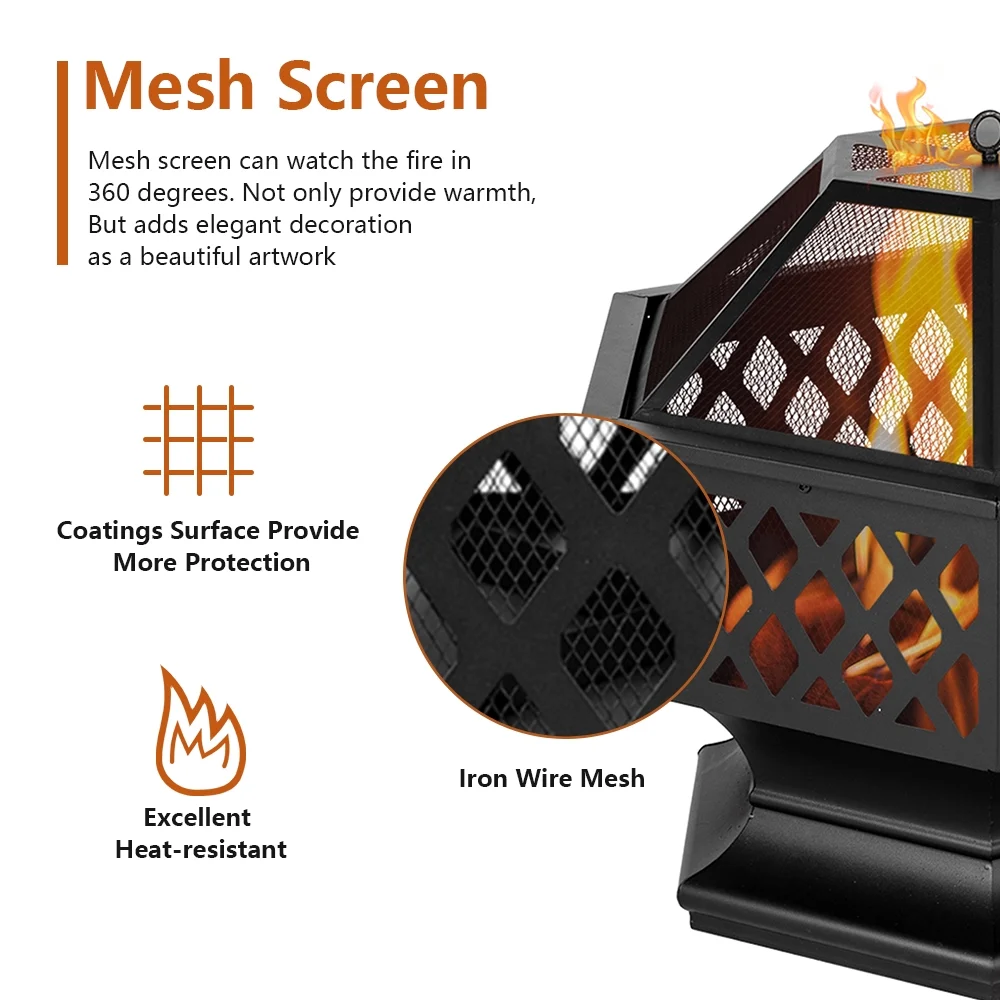 Outdoor Wood Burning Fire Pit, 24" Hexagon Metal Fire Pit for Patio with Poker, Spark Screen, Hex Shaped Fire Pit BBQ Grill, Garden Firepit Stove for Camping Picnic Bonfire Backyard, JA2419 - Image 5