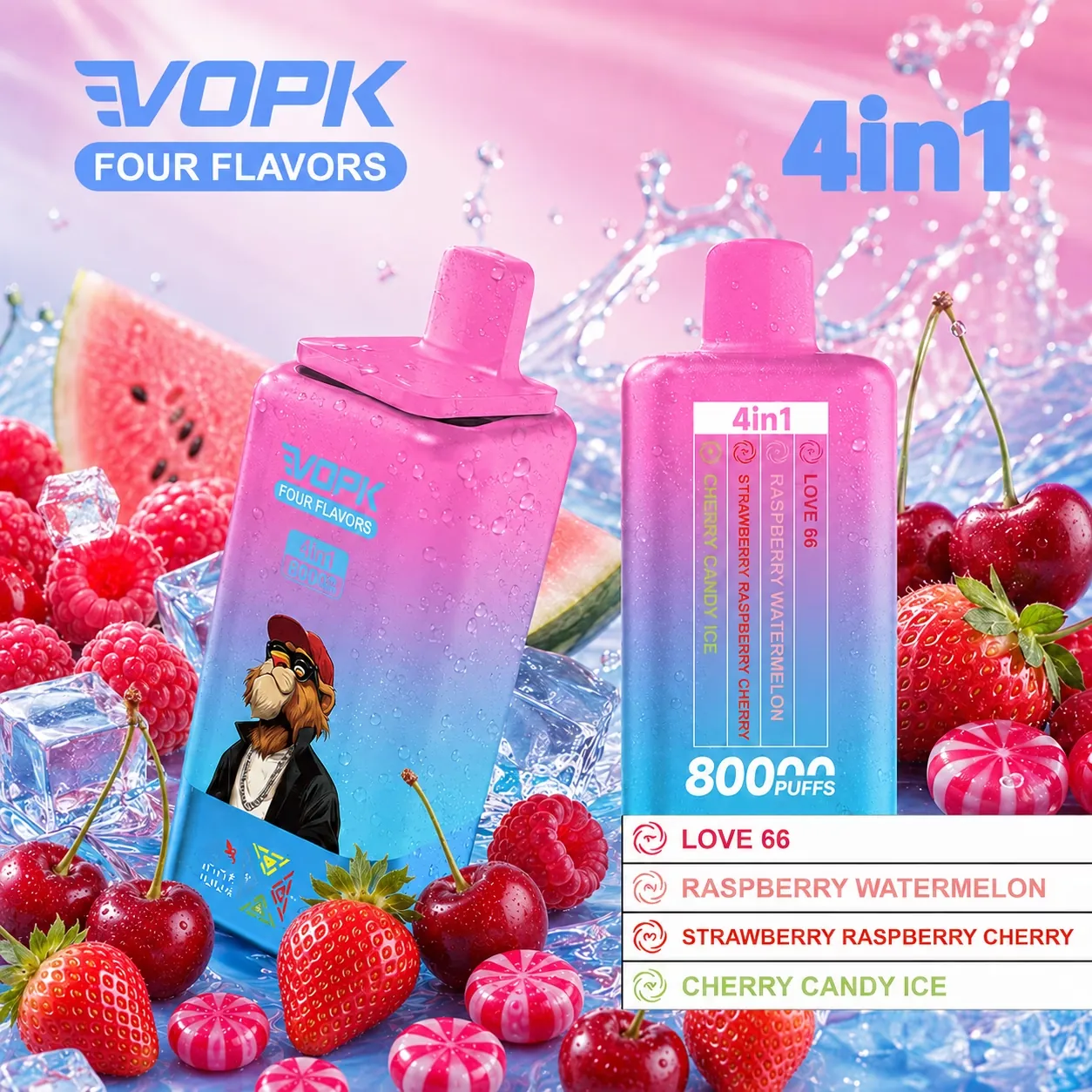 VOPK 80 000 puffów 4in1 – Love 66, Raspberry Watermelon, Strawberry Raspberry Cherry, Cherry Candy Ice