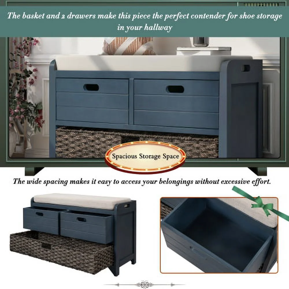 Solid Wood Storage Bench, Narrow Entryway Bench with 2 Drawers and Removable Basket, Classic Accent Shoe Bench with Storage and Removable Cushion for Hallway Living Room, Fully Assembled, Navy - Image 8