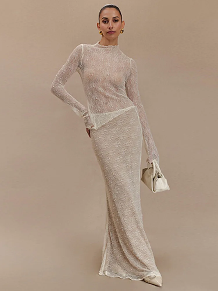 Fashion Lace Long Sleeved Round Neck Top Skirt Two-piece Set For Women  Autumn Winter New Transparent T-shirt Set - AZJHJ