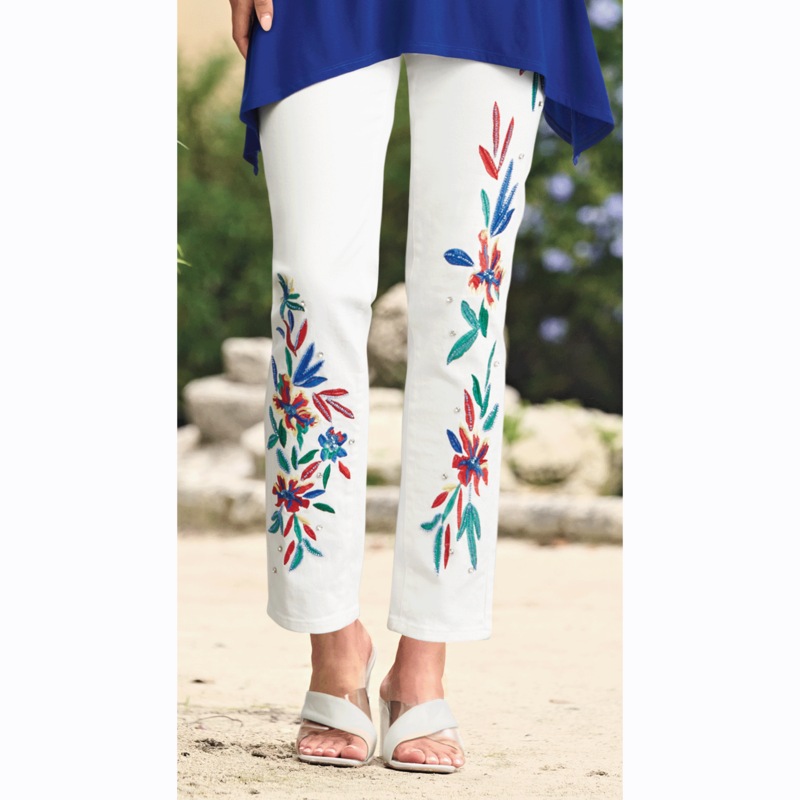 Gretchen Slim-Fit Jean with Floral Embroidery and Bead Accents - MIDNIGHT VELVET CATALOG