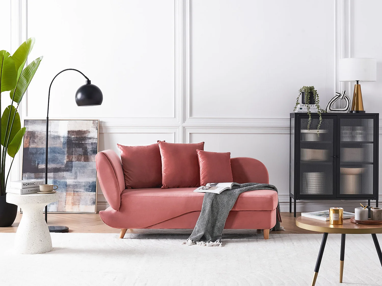 Chaise longue côté gauche MERI Velours Rose avec rangement