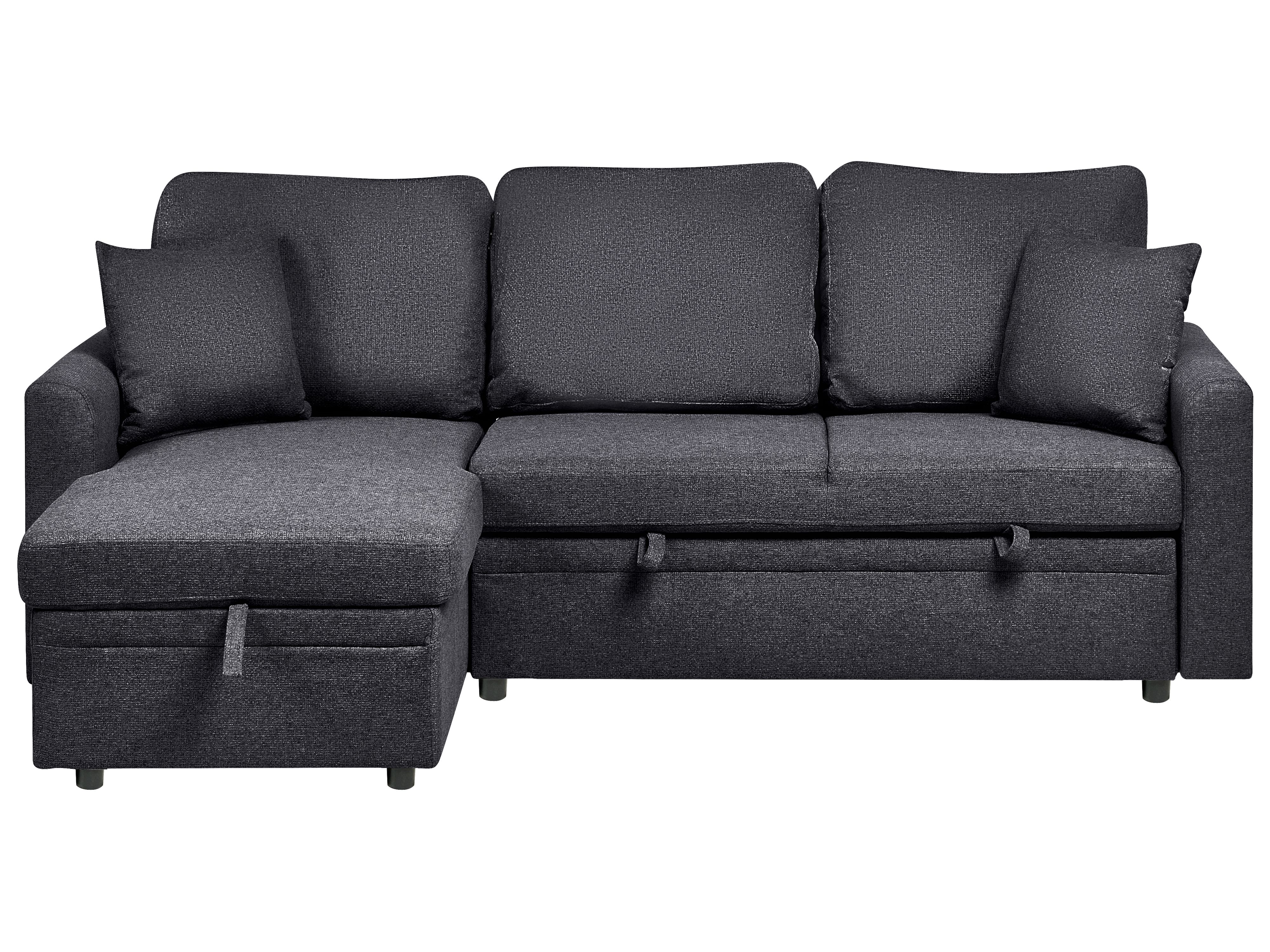 Corner Sofa Bed 3 Seater NASSJO Faux Linen Black Right Hand