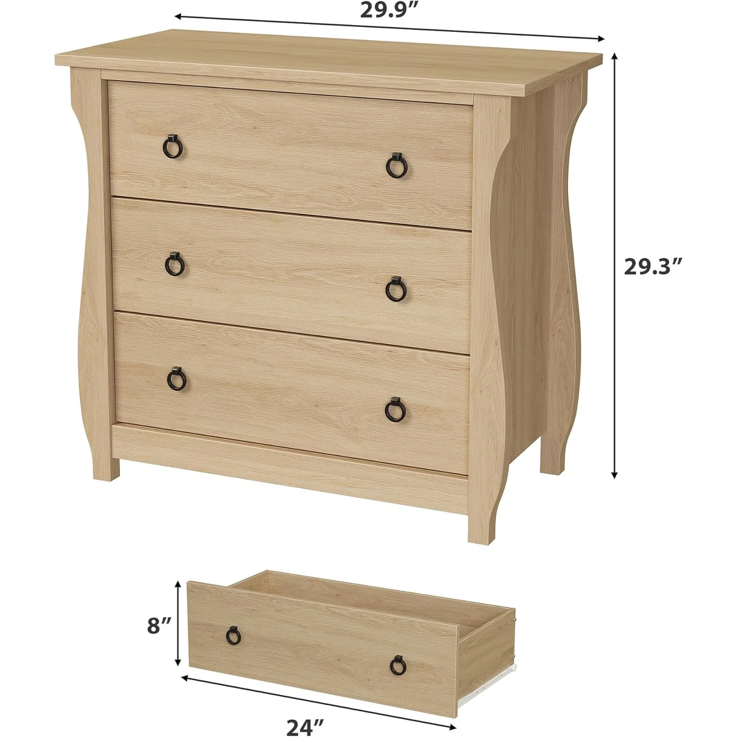 M optimized Wood 3-Drawer Dresser, Boho Dresser with Curved Legs, Rattan Accents, and Freestanding Storage for Living Room, Bedroom, Entryway, or Balcony