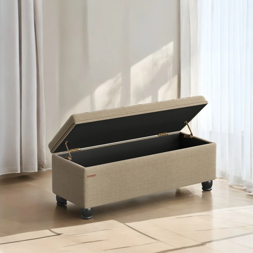 SONGMICS 46.5" Storage Ottoman Bench Storage Bench Bedroom Bench 330lb Load Capacity Solid Wood Legs Light Gray - Image 62
