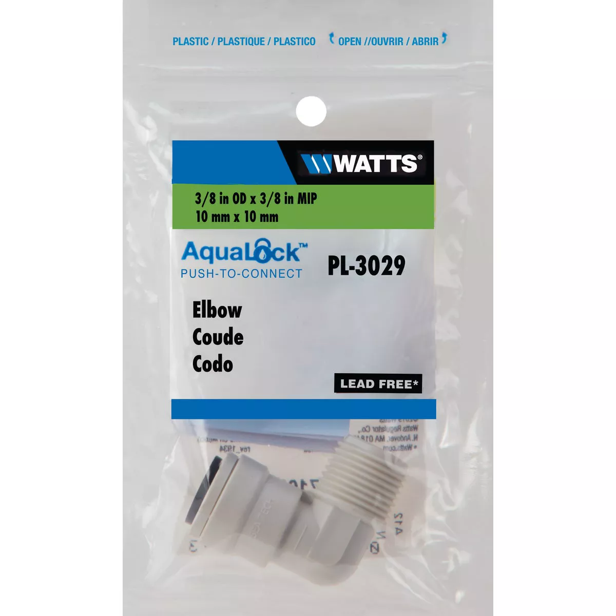 Watts Aqualock 3/8 In. OD x 3/8 In. MNPT 90 Deg. Push-to-Connect Plastic Elbow (1/4 Bend)