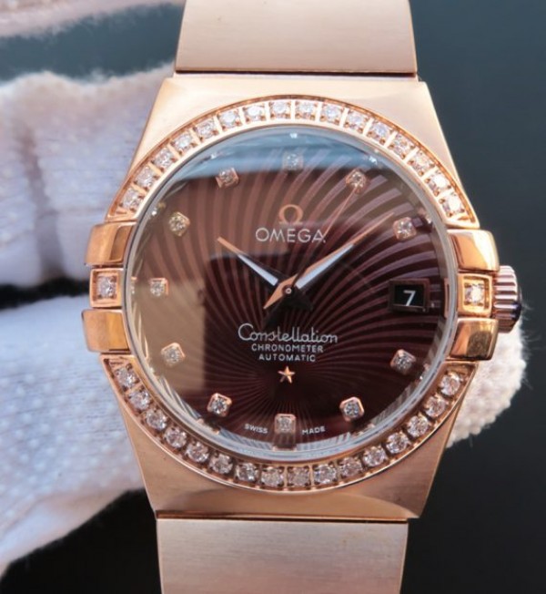 Replica Omega V6 Constellation Diamonds Bezel Brown Textured Dial RG Case A2500 - Elite Watch Atelier