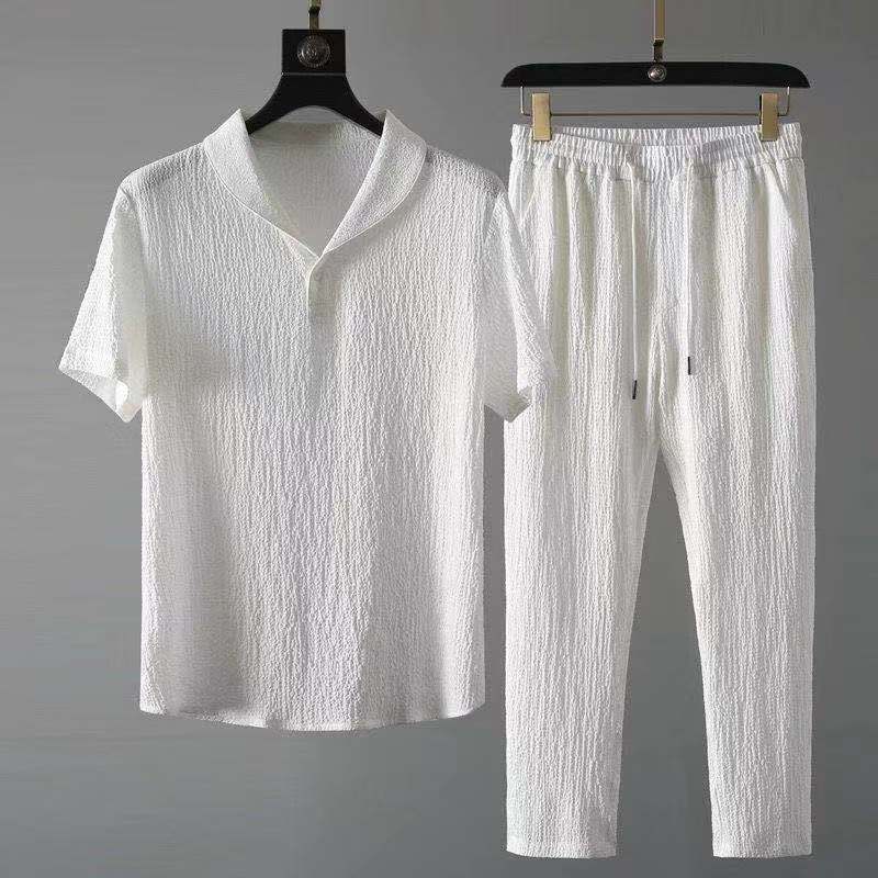 Summer fashion trend pleated two-piece set: Men's cotton-linen short-sleeve T-shirt with mandarin collar, white casual sports suit