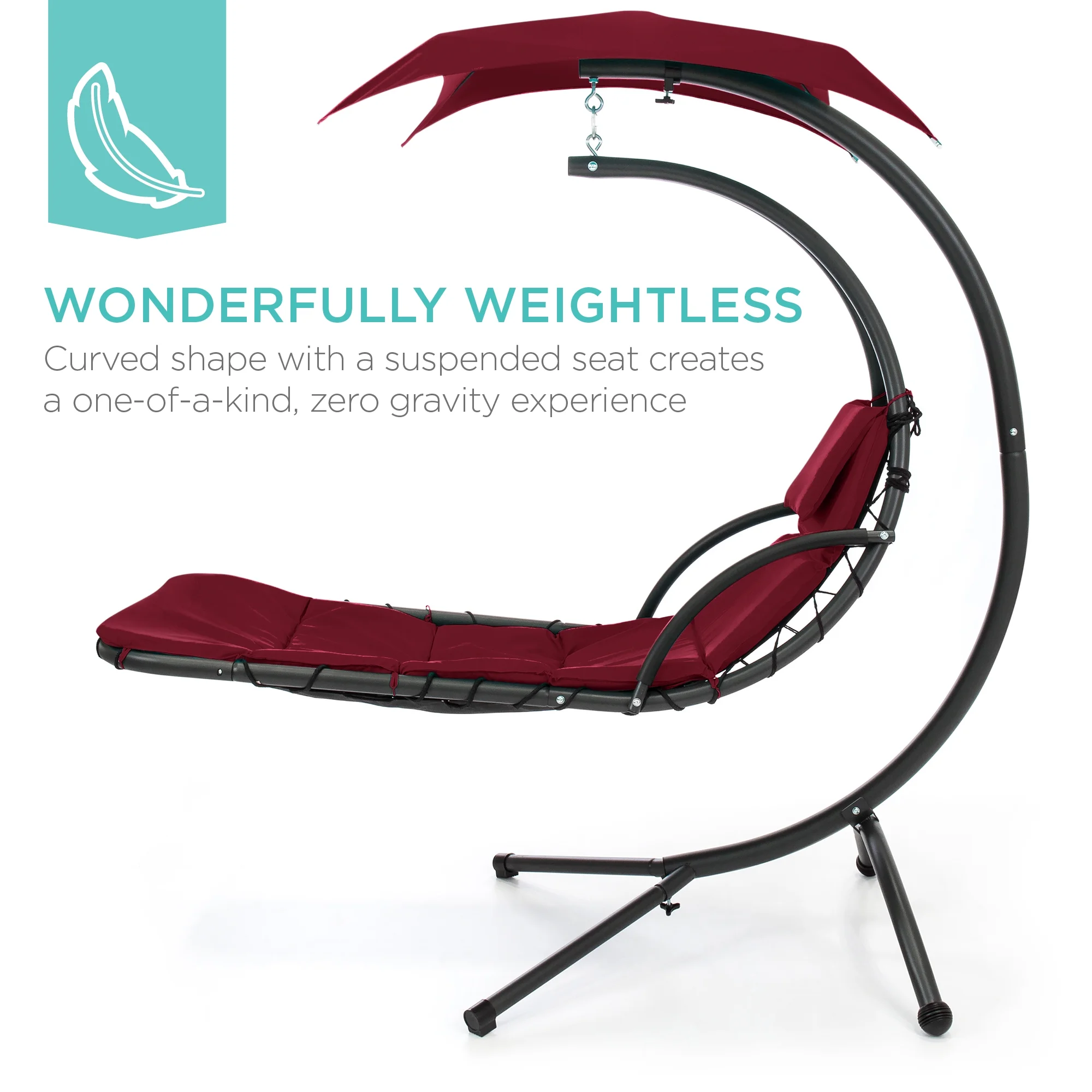 Best Choice Products Hanging Curved Chaise Lounge Chair Swing for Backyard, Patio w/ Pillow, Shade, Stand - Teal - Image 70