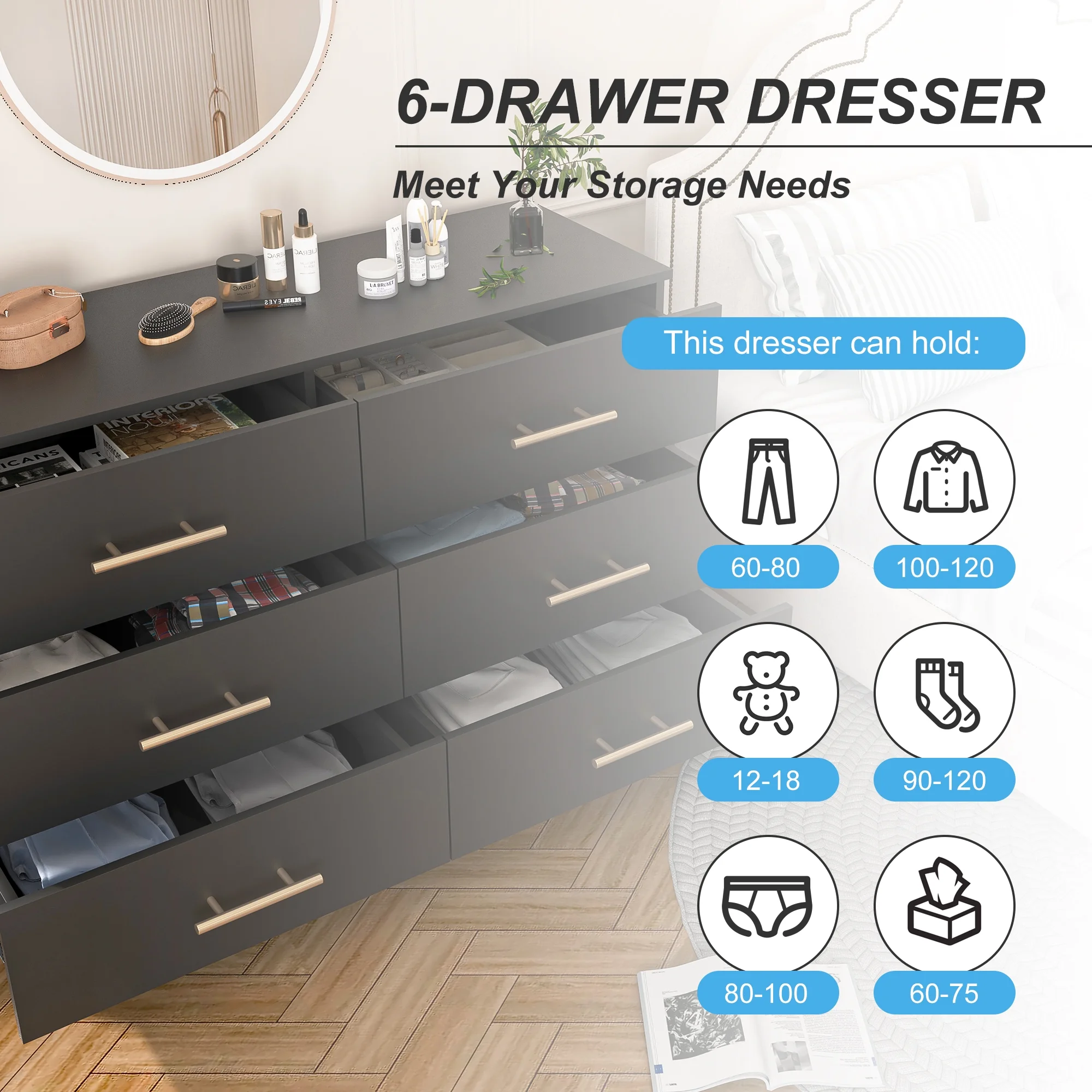 Kadyn White Chest of Drawer, 6 Double Drawer Dresser for Bedroom, Modern Storage Cabinet for Living Room, Dresser - Image 45
