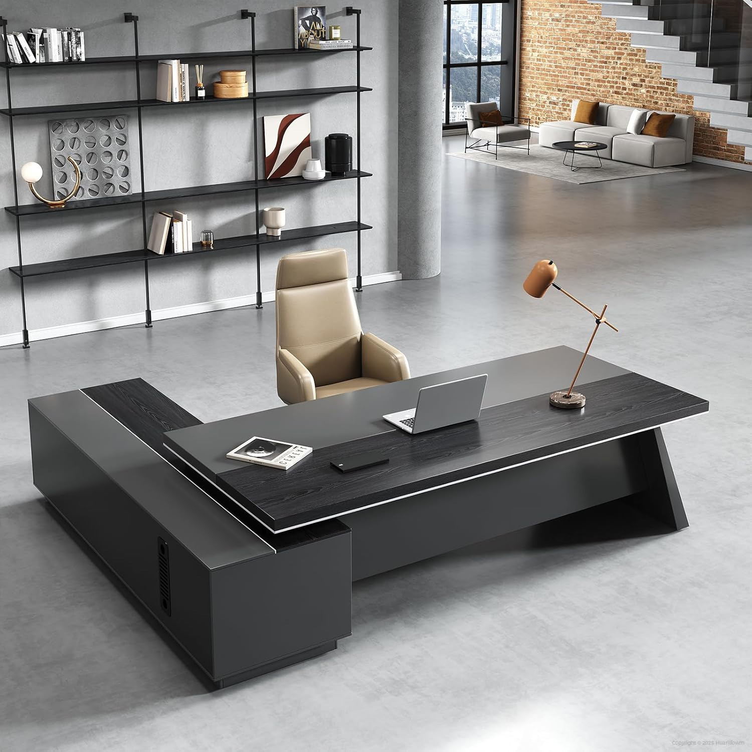 Modern L Shape Executive Desk with Storage Drawers – Large Black Corner Office Desk for Home Workspace, Spacious Executive Desk with Cabinets (Black/Right, 87