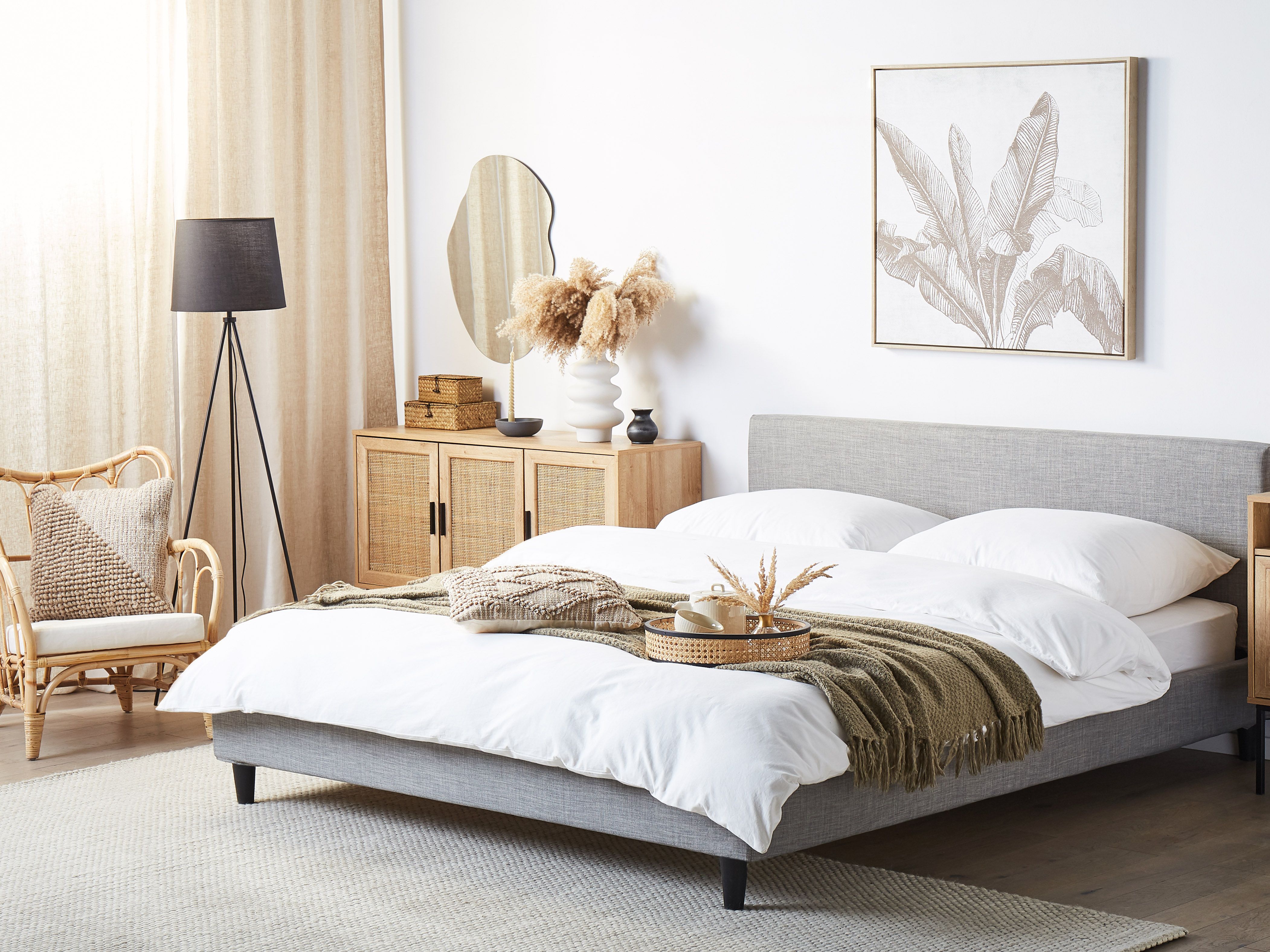Bed with LED Fabric FITOU 180 x 200 cm (EU Super King) Light Grey