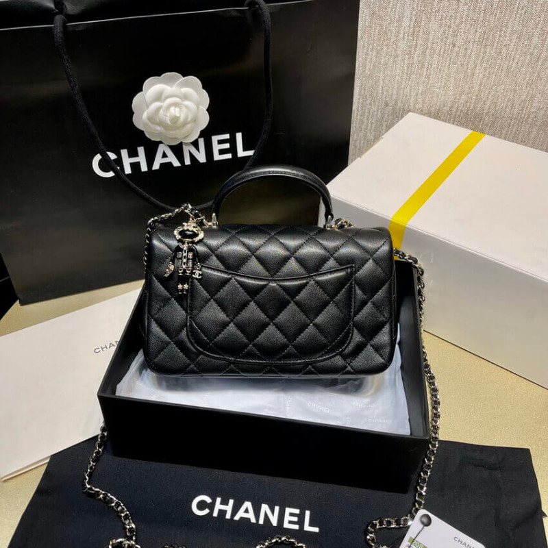 Replica Chanel Lambskin Mini Flap Bag With Top Handle Black As2431 With Charms1:1High-quality replica
